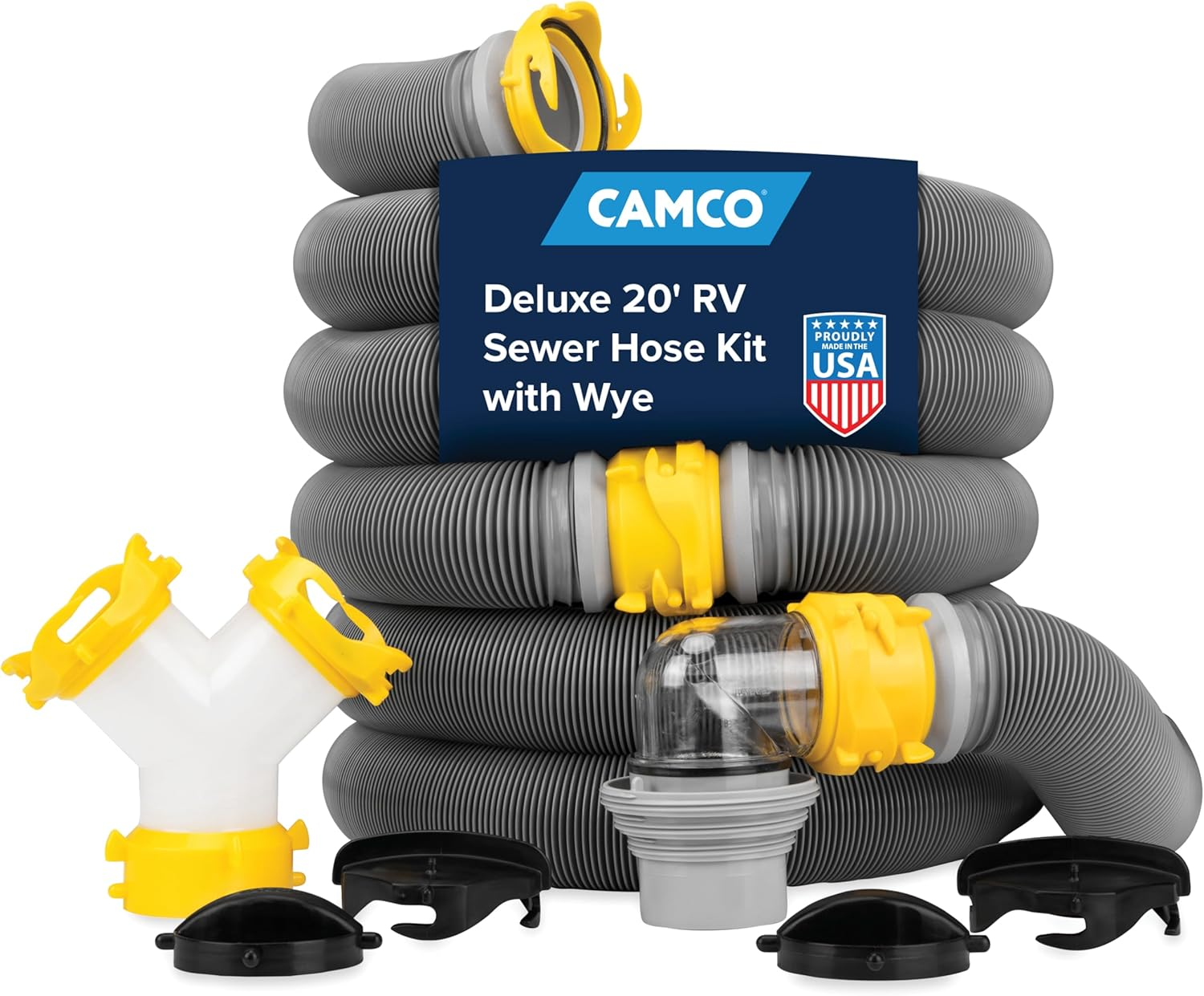 Camco 39666 Deluxe 20' Sewer Hose Kit with Swivel Fittings and Wye Connector - Ready to Use Kit Complete with Sewer Wye and Elbow Fittings, Hoses, and Storage Caps