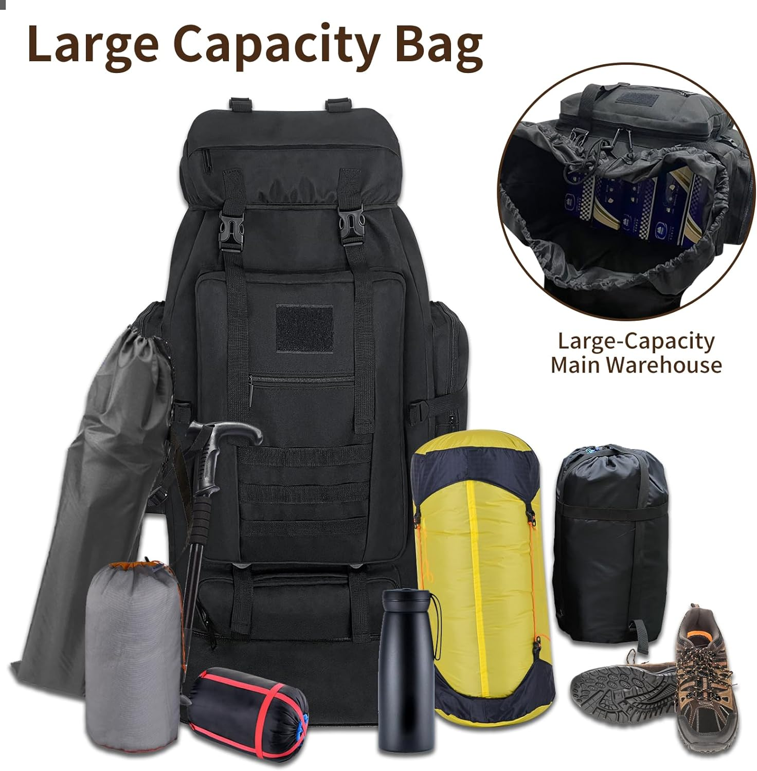 Vaupan Hiking Backpack, 100L Large Camping Backpack, Expandable Waterproof Molle Rucksack, Outdoor Sport Travel Daypack Military Tactical Backpack for Men Women (Black) image number 2