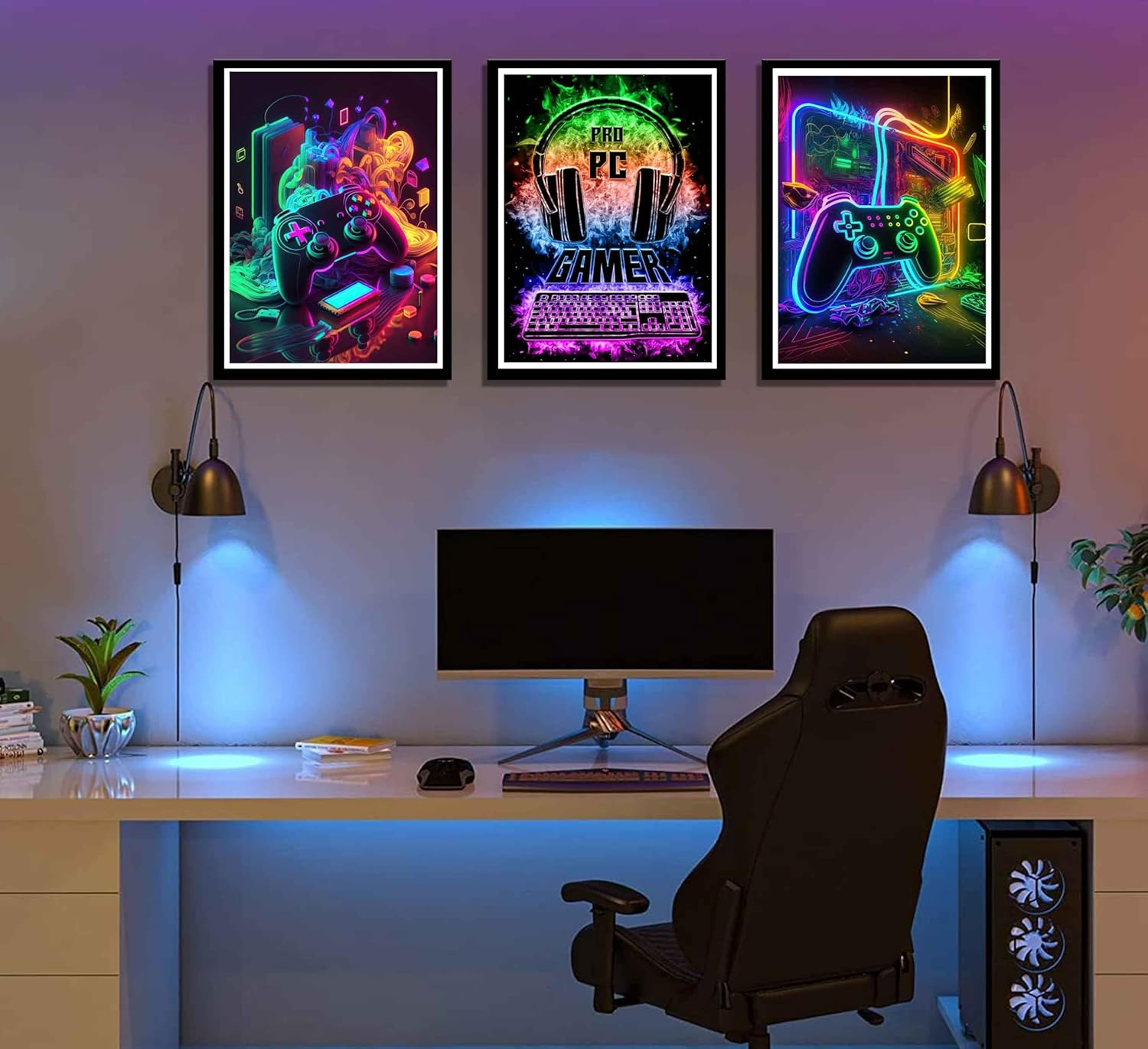 NBYARTQ 3Pcs Cool Gaming Wall Art Retro Video Gamer Watercolor Posters Pictures Colorful Neon Gamepad Canvas Painting Prints for Boys Room Kids Gamer Room Bedroom for Boys Home Decoration 12X16In image number 1