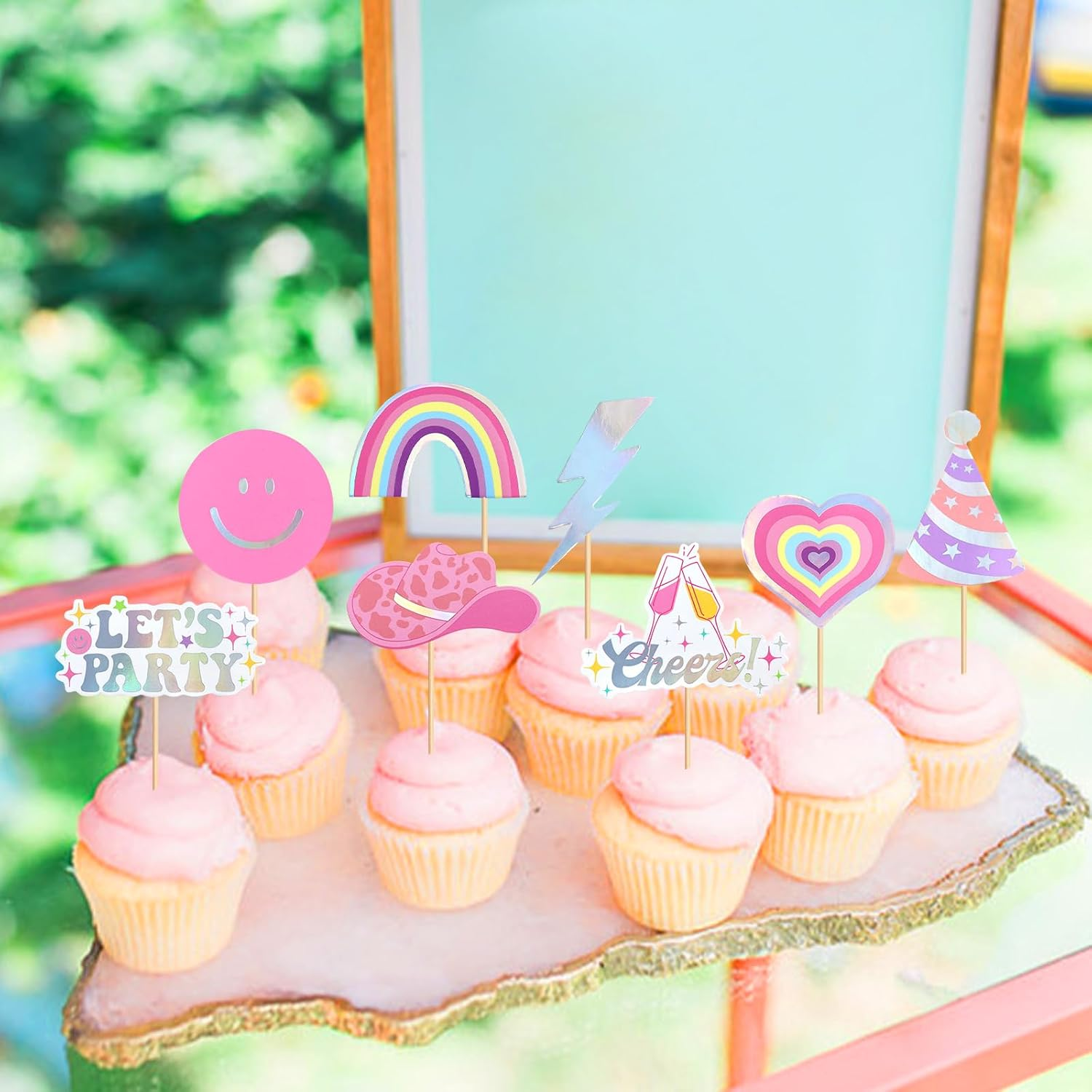 32PCS Let'S Party Cupcake Toppers Cowboy Rainbow Smile Face Heart Cupcake Picks Let'S Go Dance Cake Decorations for Disco Theme Wedding Women Birthday Party Supplies Pink - Pink image number 4