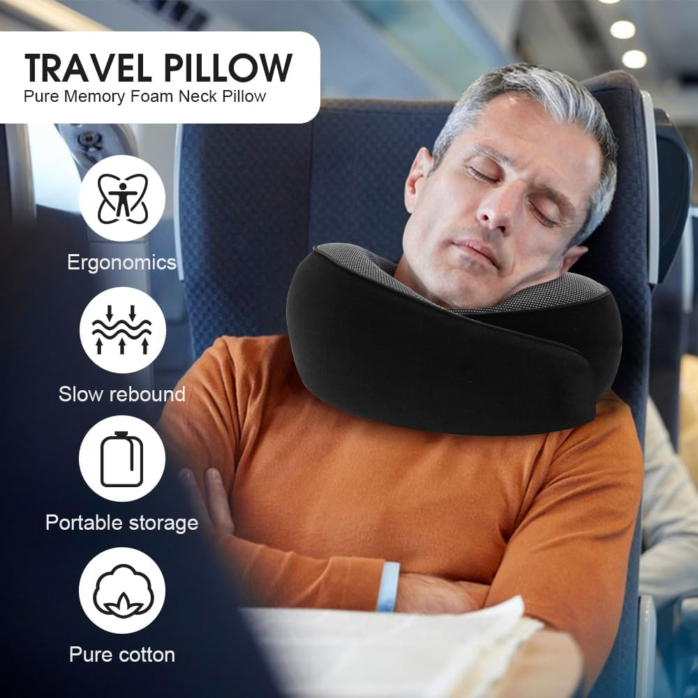 Neck Travel Pillow for Airplanes, Memory Foam 360 Degree Support Pillow with Removable Cover, Compact and Ergonomic Neck Pillow for Travel Home Cars Office, Lightweight & Portable (Black) image number 6