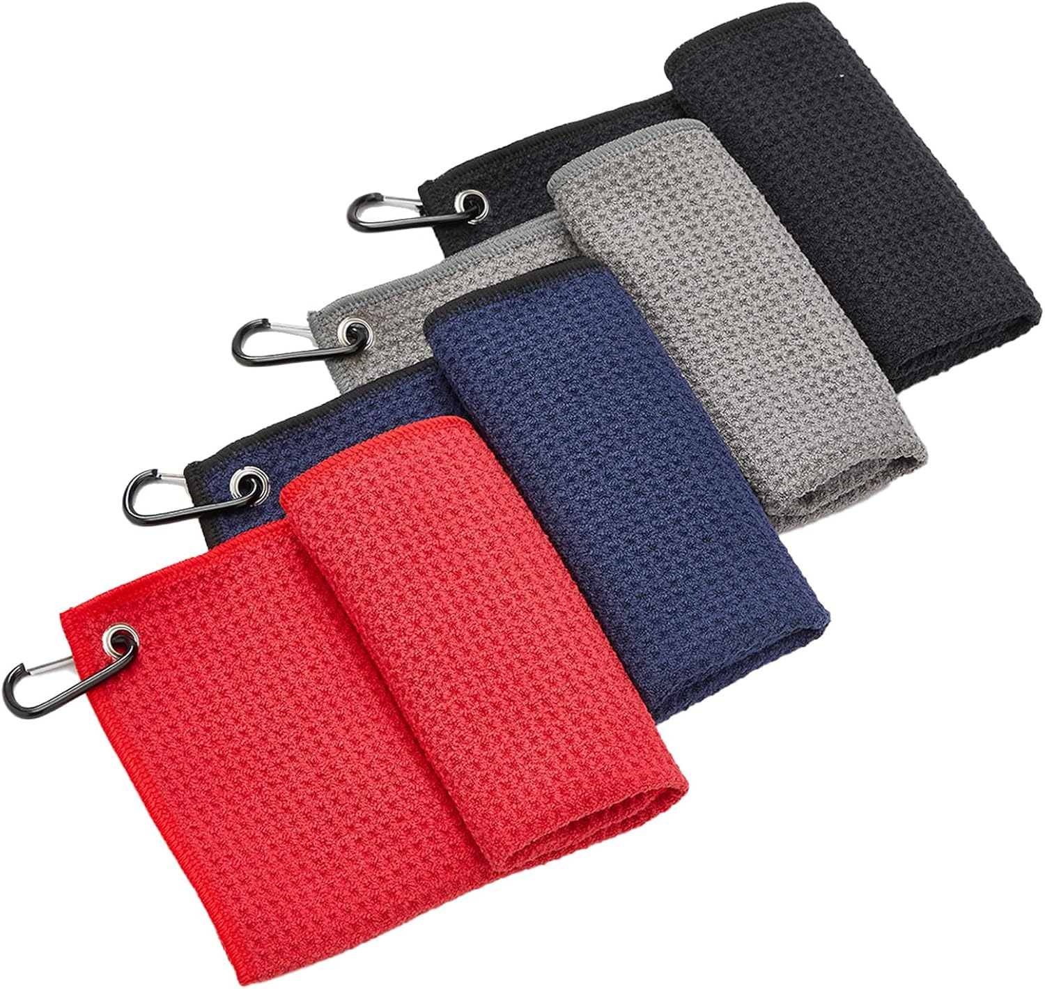 4 Pack Golf Towels, 11.8" X 11.8" Microfiber Golf Towel with Carabiner Clip, Waffle Pattern Golf Towels with Hook and Loop Fastener for Golf Bag, Golf Cleaning Towel Black/Grey/Red/Navy Blue image number 2