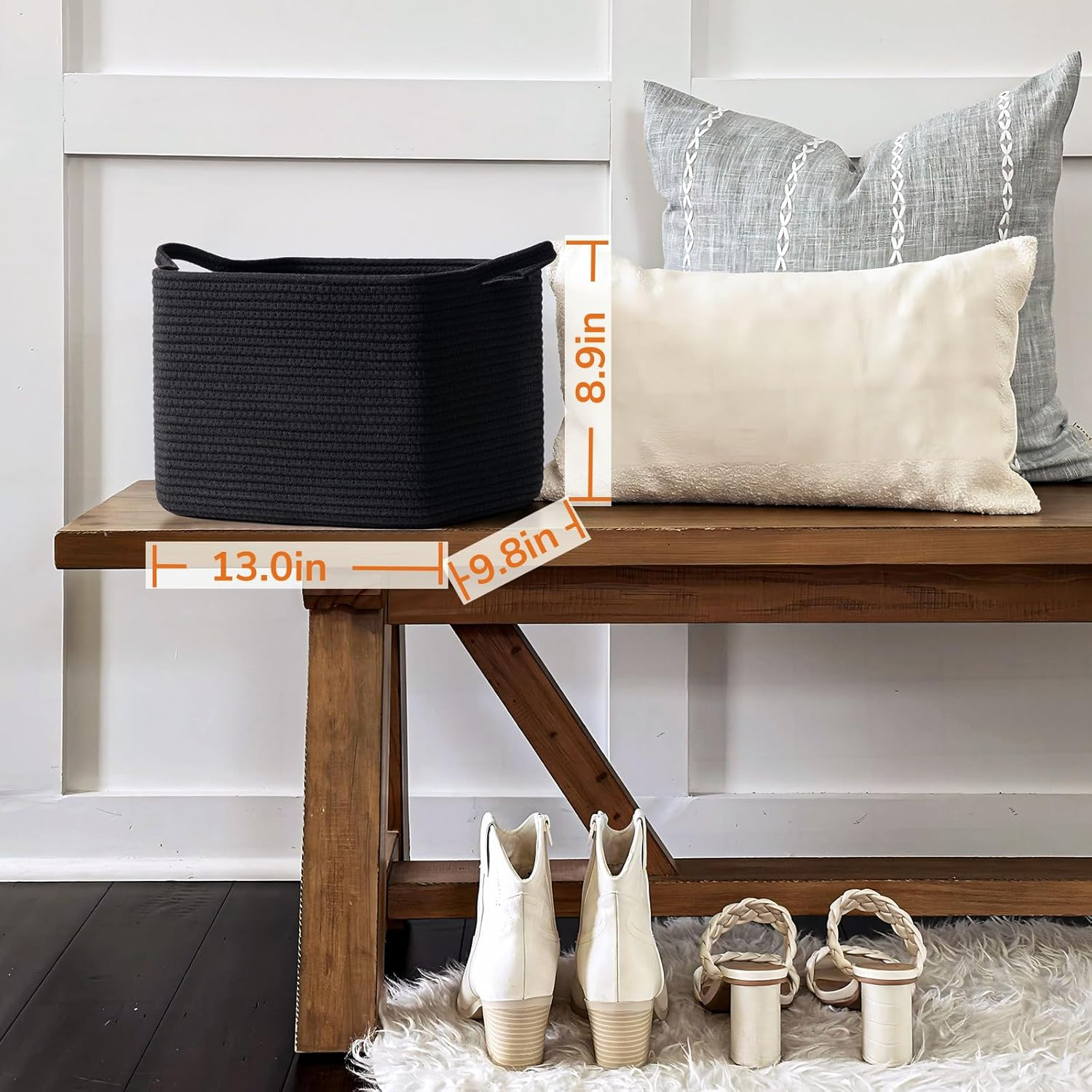 INDRESSME Woven Storage Basket, Black Baskets for Gifts, Nursery Toy Basket, Rope Baskets for Organizing, Shelf Storage, Multi-Purpose Organizer for Shoes, Clothes, Towels, Laundry 13 X 10 X 9 Inches - Grey image number 2