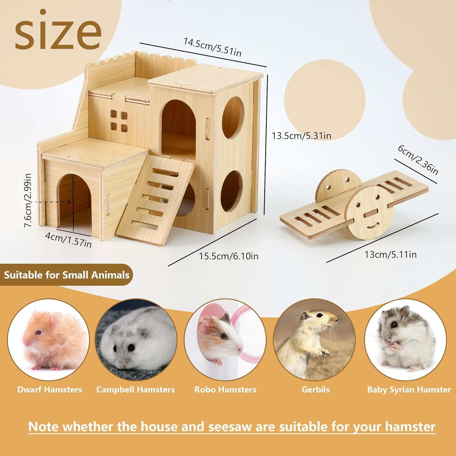 Wooden Hamster Hideout Cage Accessories, Guinea Pig House and Seesaw, Double-Decker Hide Hut with Slide, YITOBA Hamster Chew Toys for Pet Rats, Hamster Platform for Dwarf Gerbils (Two-Story)