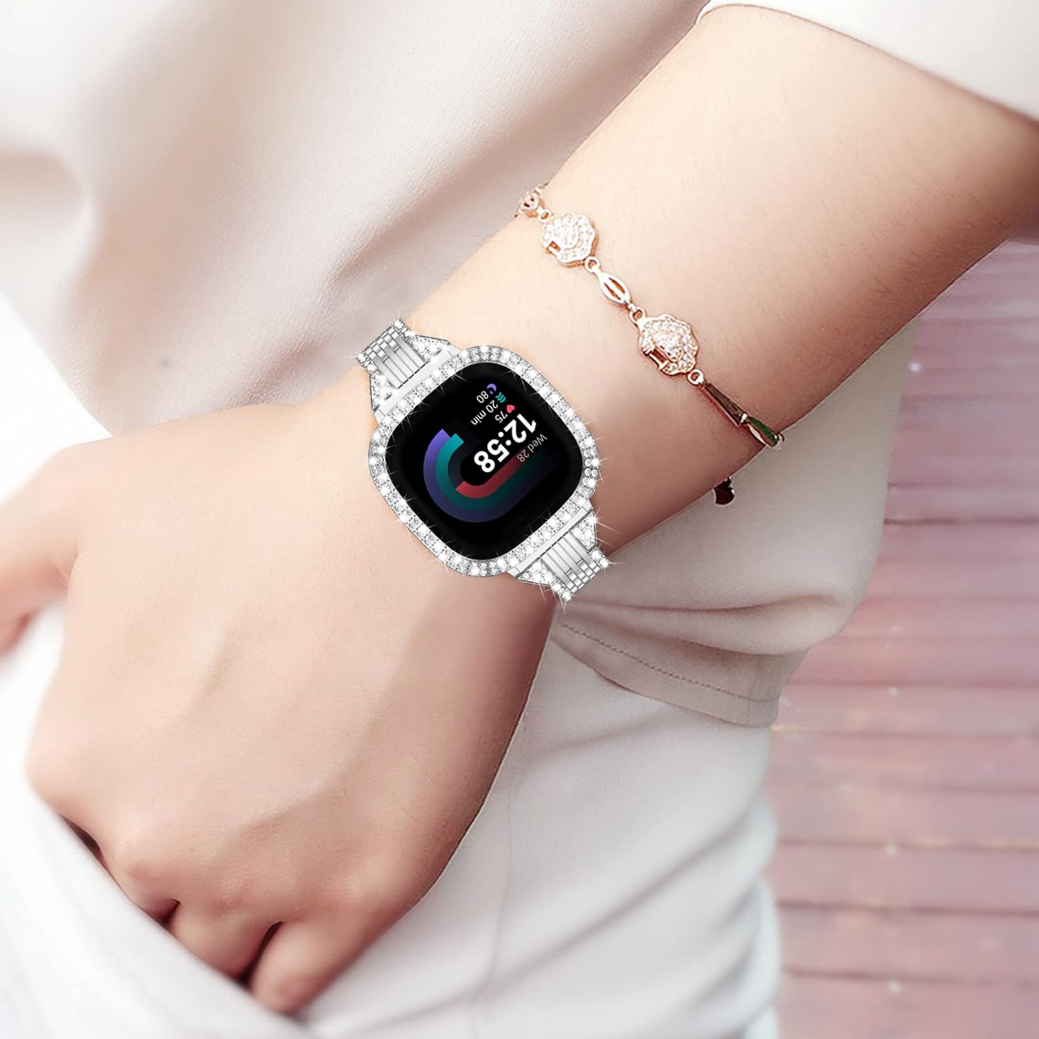 MOFREE Compatible for Fitbit Versa 4 Bands/Fitbit Sense 2 Bands Women with Hard Bling Bumper Protective Case Cover, Dressy Jewelry Diamond Rhinestone Metal Wristband for Fitbit Versa 4/Sense 2 image number 2
