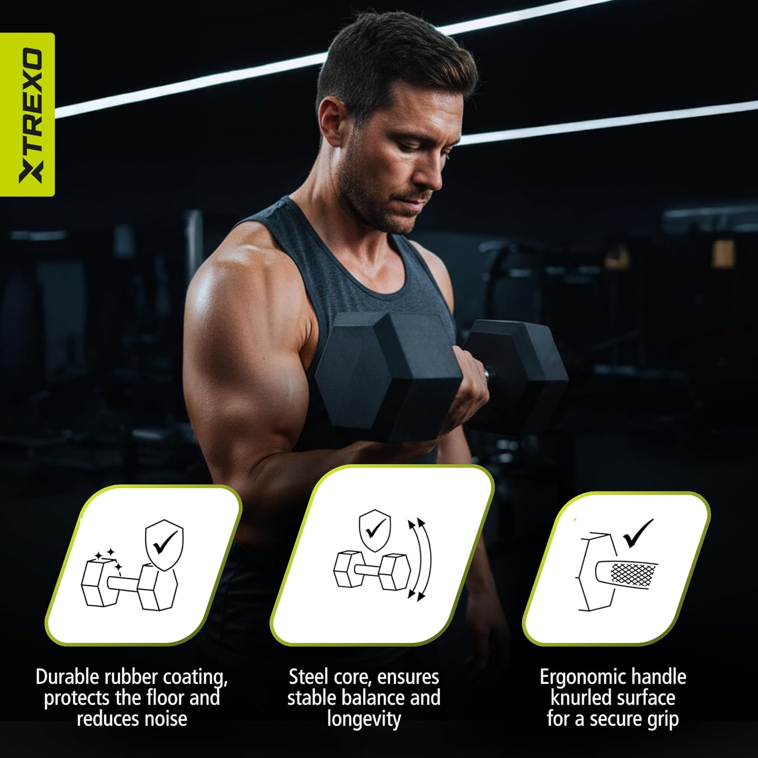 TREXO Hexagon Dumbbell Durable Rubberised Cast Iron for Strength Training at Home with Ergonomic Handle Stable and Versatile Hex Dumbbell image number 5
