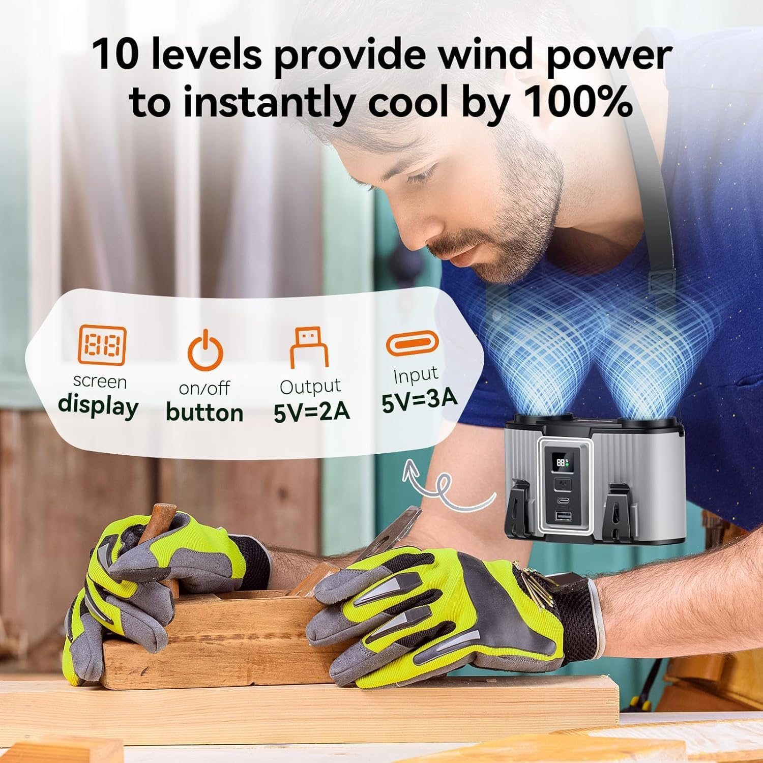 24000Mah Portable Waist Fan, USB Rechargeable Clip on Belt Fan, Dual Air Ducts with Dual Motors, 10 Adjustable Wind Speeds, Airflow Wearable Neck Fan for Camping, Outdoor, Travel, Jobsite image number 4