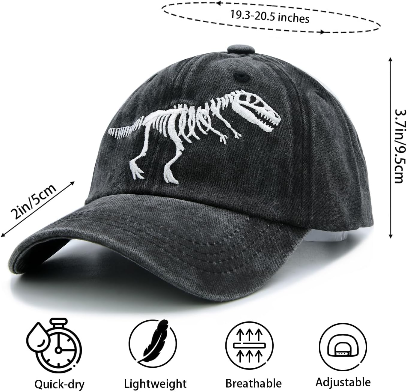 MINYJHZ Boys Dinosaur Hat, Washed Embroidered Dinosaur Baseball Cap, Soft Breathable Cotton, Adjustable for Kids Age 2-11 - Grey image number 6
