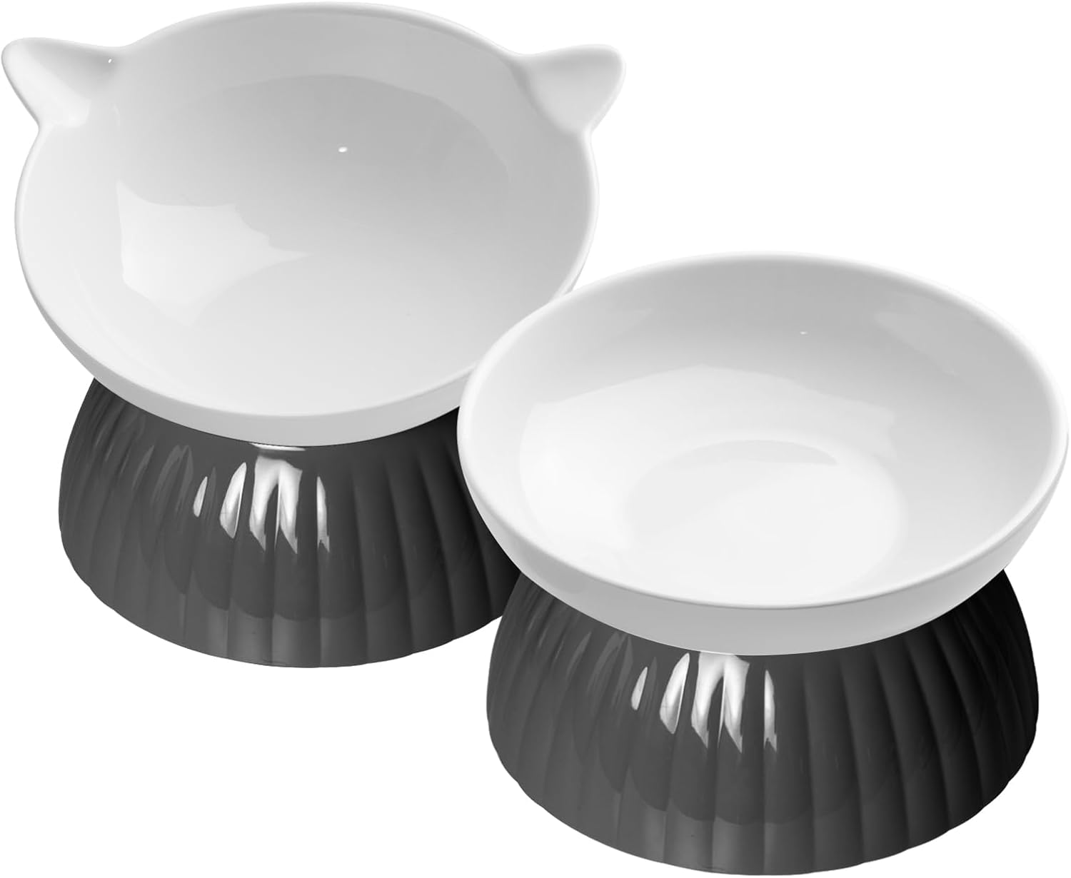 2 Ceramic Raised Cat Food and Water Bowls, Elevated Pet Bowl Set for Indoor Cats and Small Dogs, Anti-Vomiting Feeder with Plastic Base, Dishwasher Safe, Black