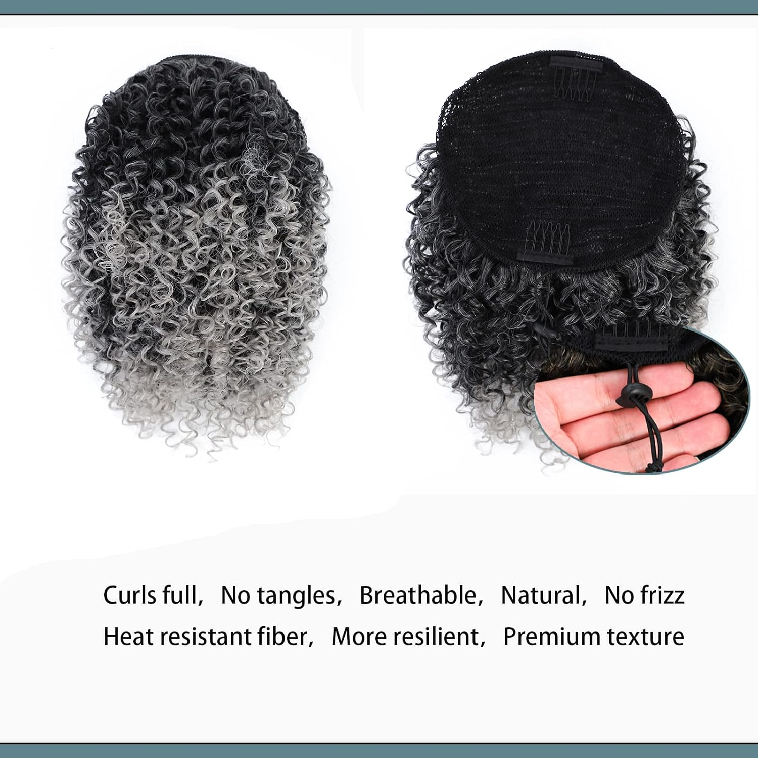 MNMNM Mawei-Zc-2X (Grey) Ponytail Extension Ponytail Hair Extension with Drawstring Afro Kinky Curly Drawstring Black Synthetic Fibre Hairpieces for Women 25 Cm image number 4