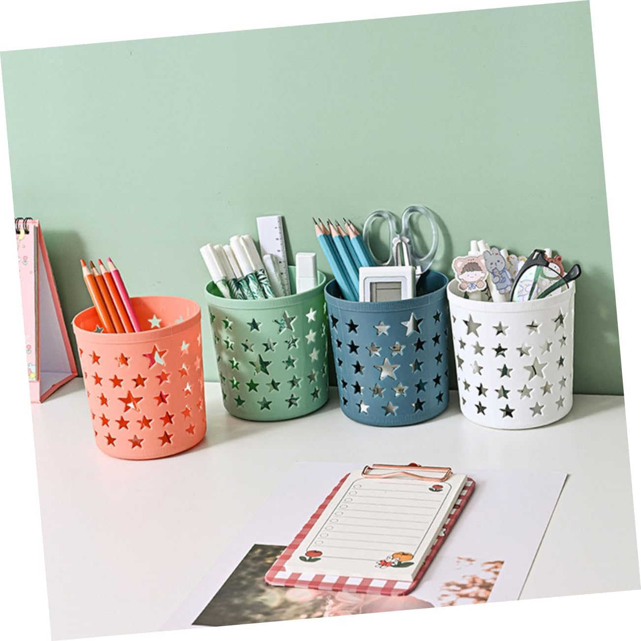 SOPOTUTU 8Pcs Cute Pencil Storage Holder and Pen Organizer Set, round Plastic Desk Containers Star Cutout Design, Multi-Color Desktop Storage for Home, Office, and Classroom Supplies