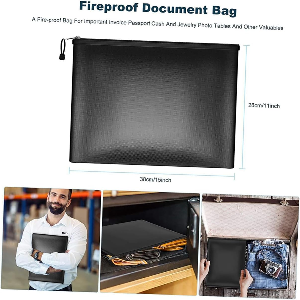 WOONEKY Fireproof Money Bag with Zipper Medium Black Document Holder for Travel and Home Use Secure Storage for Cash Passports Certificates and Valuables Fire-Resistant Document Case image number 5