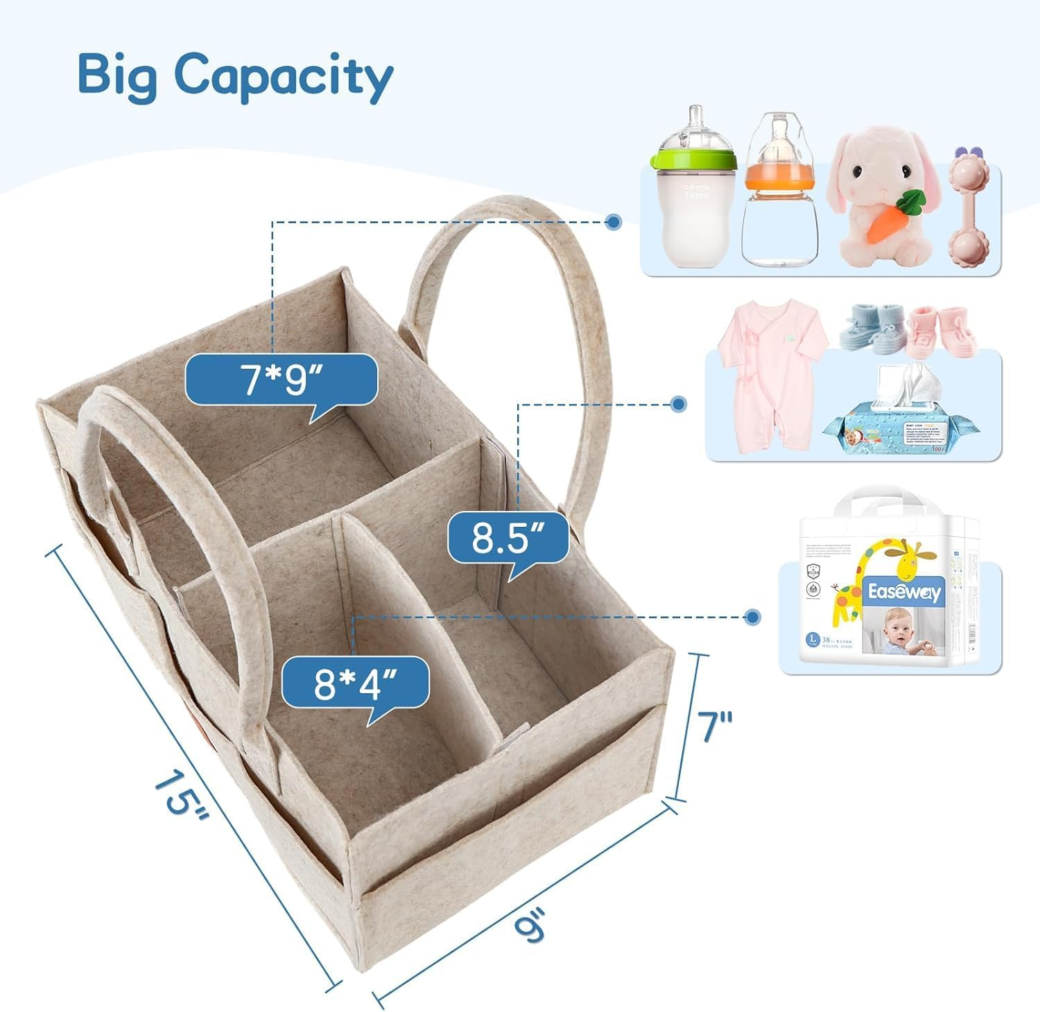 Baby Diaper Caddy Organizer, Nappy Caddy Organiser, Felt Cloth Multi Pocket Storage Bin Basket with Handle for Indoor Outdoor (Grey) image number 4