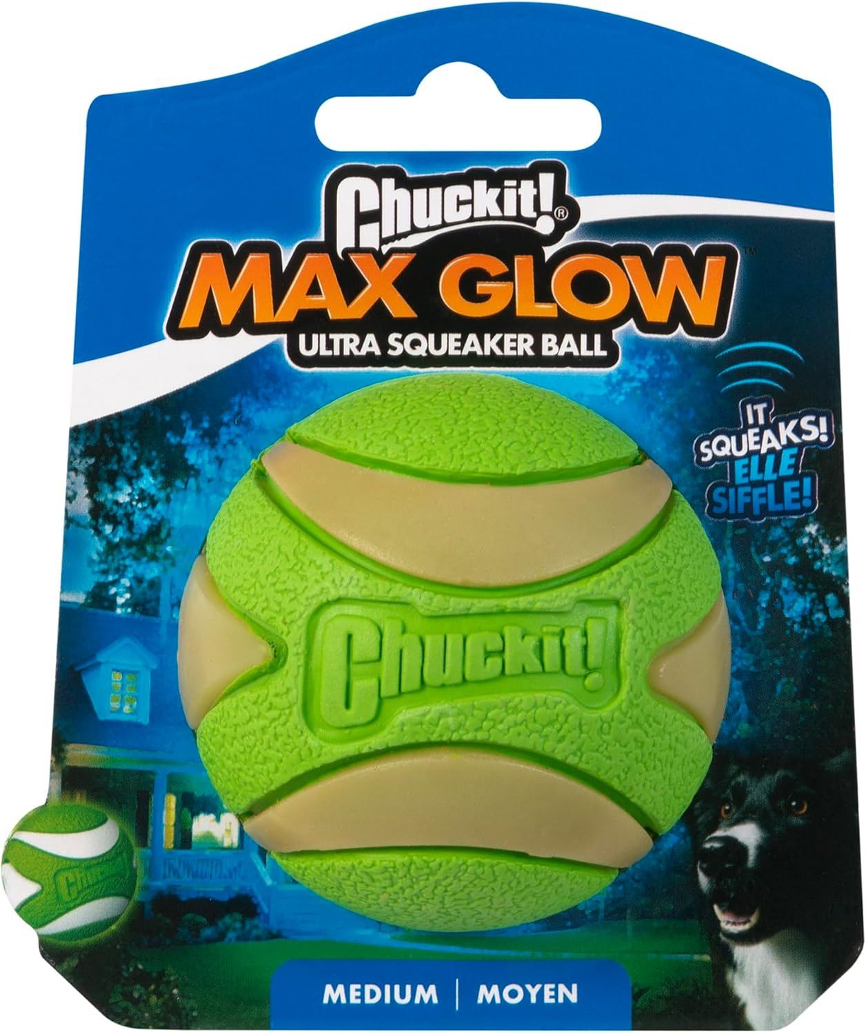 Chuckit! Max Glow Ultra Squeaker Ball Dog Toy, Durable High Bounce Floating Rubber Squeaky Dog Ball, Rechargeable Glow in the Dark Launcher Compatible Toy for Dogs, 1 Pack, Medium image number 3