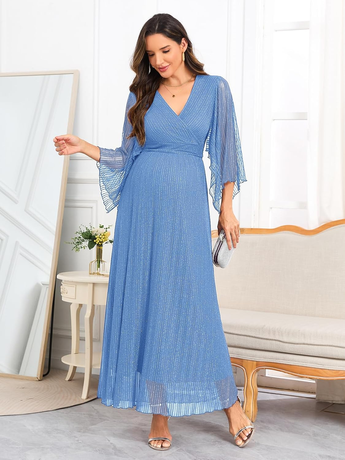 Maternity Sparkly Mesh Maxi Dress Handkerchief Sleeves Wrap V Neck Flowy Pregnancy Dresses Baby Shower Formal image number 6