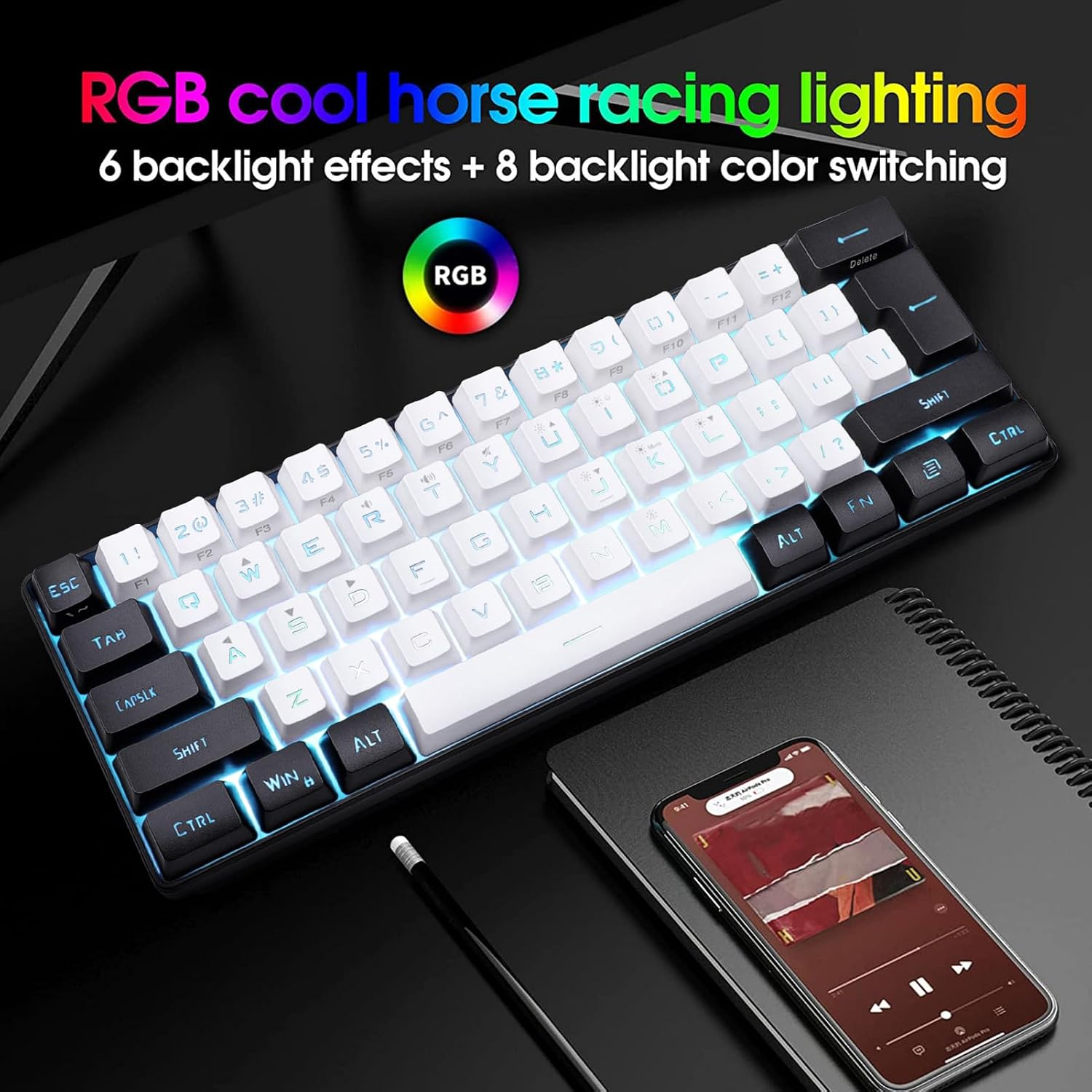 Mini RGB Keyboard, LED Backlight Mechanical Feeling Wired Gaming Keyboard with Multiple RGB Lighting and Stand, Ergonomic Design(Black and White) (White) image number 1