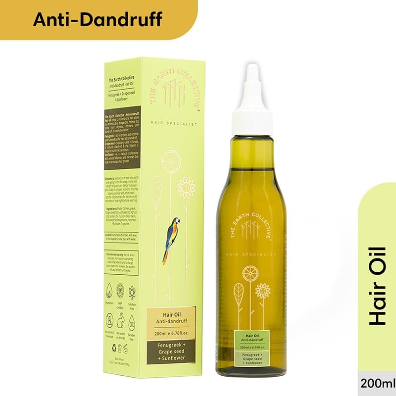 THE EARTH COLLECTIVE Anti-Dandruff Hair Oil, Contains Fenugreek, Grape Seed Sunflower, Controls and Prevents Dandruff, Relieves Itchiness, 200 Ml