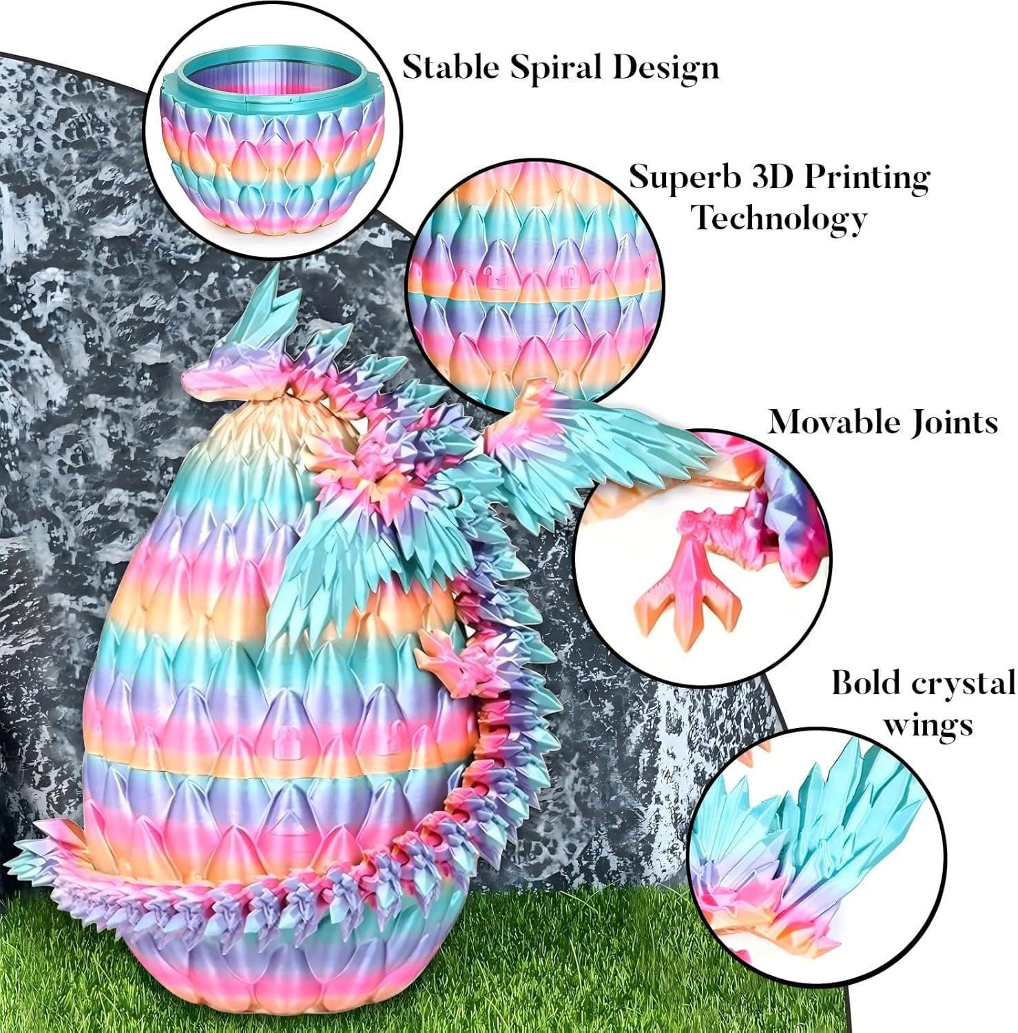 Flying Dragon Eggs, 3D Printed Easter Dragon Egg, Articulated Crystal Dragon Fidget Toy, Toys for Kids, Home Decor, Creative Ornaments, Birthday Gifts, Mystery Mythical Pieces Dragon (Rainbow Candy) - Rainbow Candy - Flying Dragon image number 4