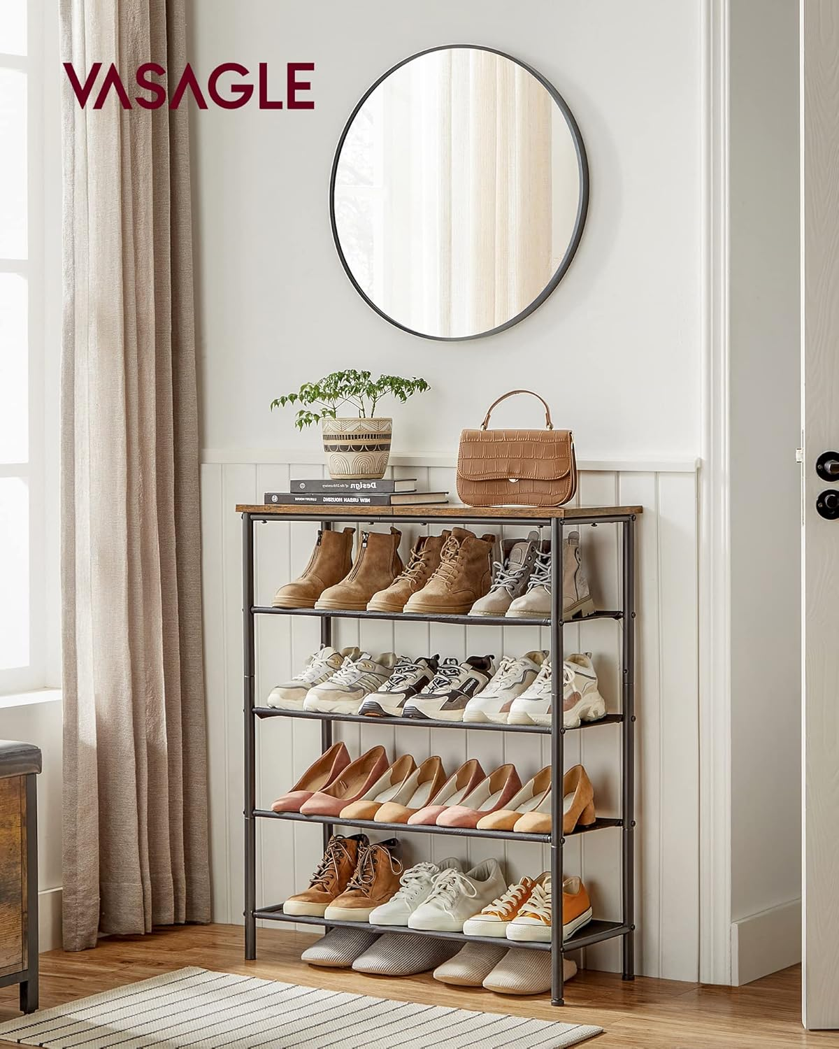VASAGLE Shoe Rack, 5 Tier Shoe Storage Rack for 12-16 Pairs of Shoes, Shoe Organizer for Entryway, with 4 Fabric Shelves and Wooden Top, Steel Frame, Industrial, Rustic Brown and Black ULBS036B01 image number 5