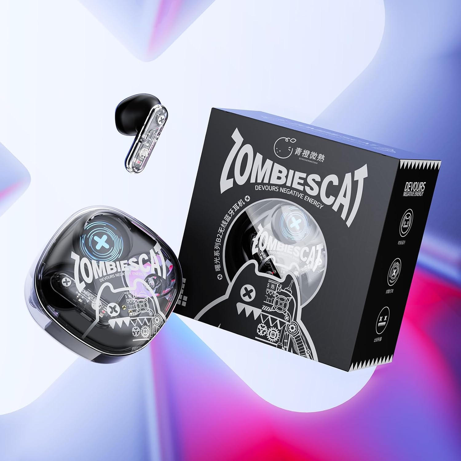 ZOMBIES CAT In-Ear Headphones Bluetooth 5.3 Touch Control In-Ear Earphones with 4 Microphones Exclusive Light Effects Intense Bass Wireless Headphones for Ios Android B2 Black - Black image number 3