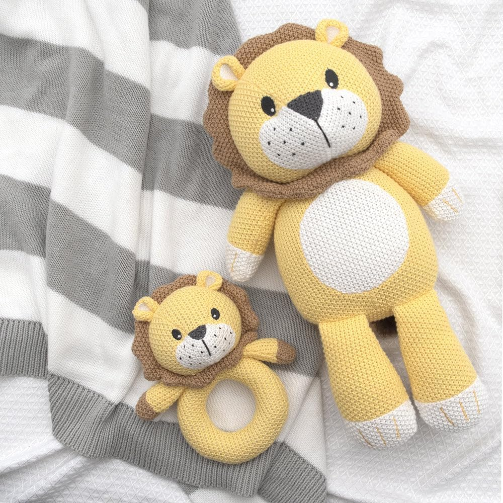 Knitted Toy for Babies Breathable Premium Knit Fabric- 38Cm Large Cotton Stuffed Animal Soft Plushie Rattle for Babies Newborn Baby & Nursery Decor (Lion) image number 3
