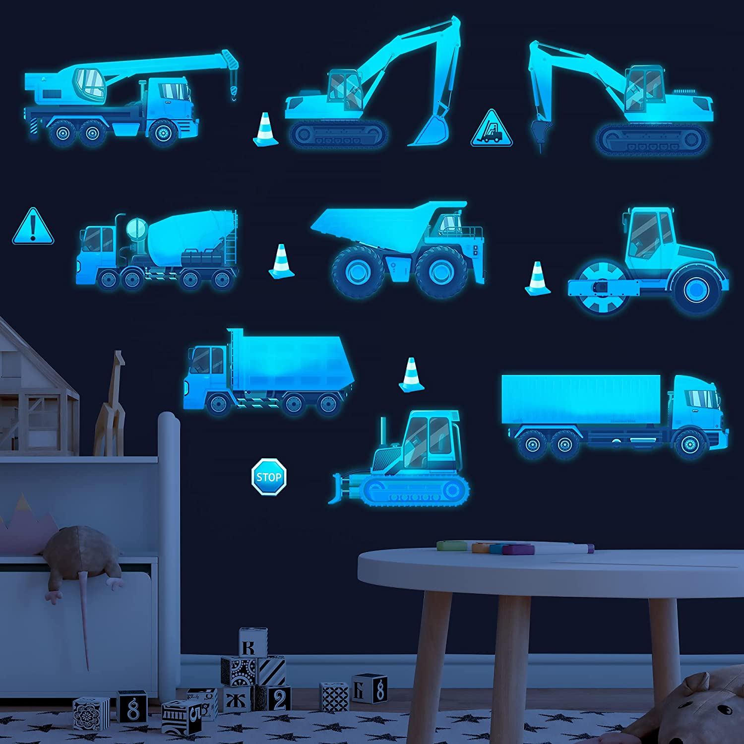 Construction Wall Decals Glow in the Dark Wall Stickers City Vehicles Car Wall Decal Luminous Truck Excavator Tractor Decals Transportation Sticker Boys Kids Bedroom Playroom Nursery Ceiling Decor image number 1