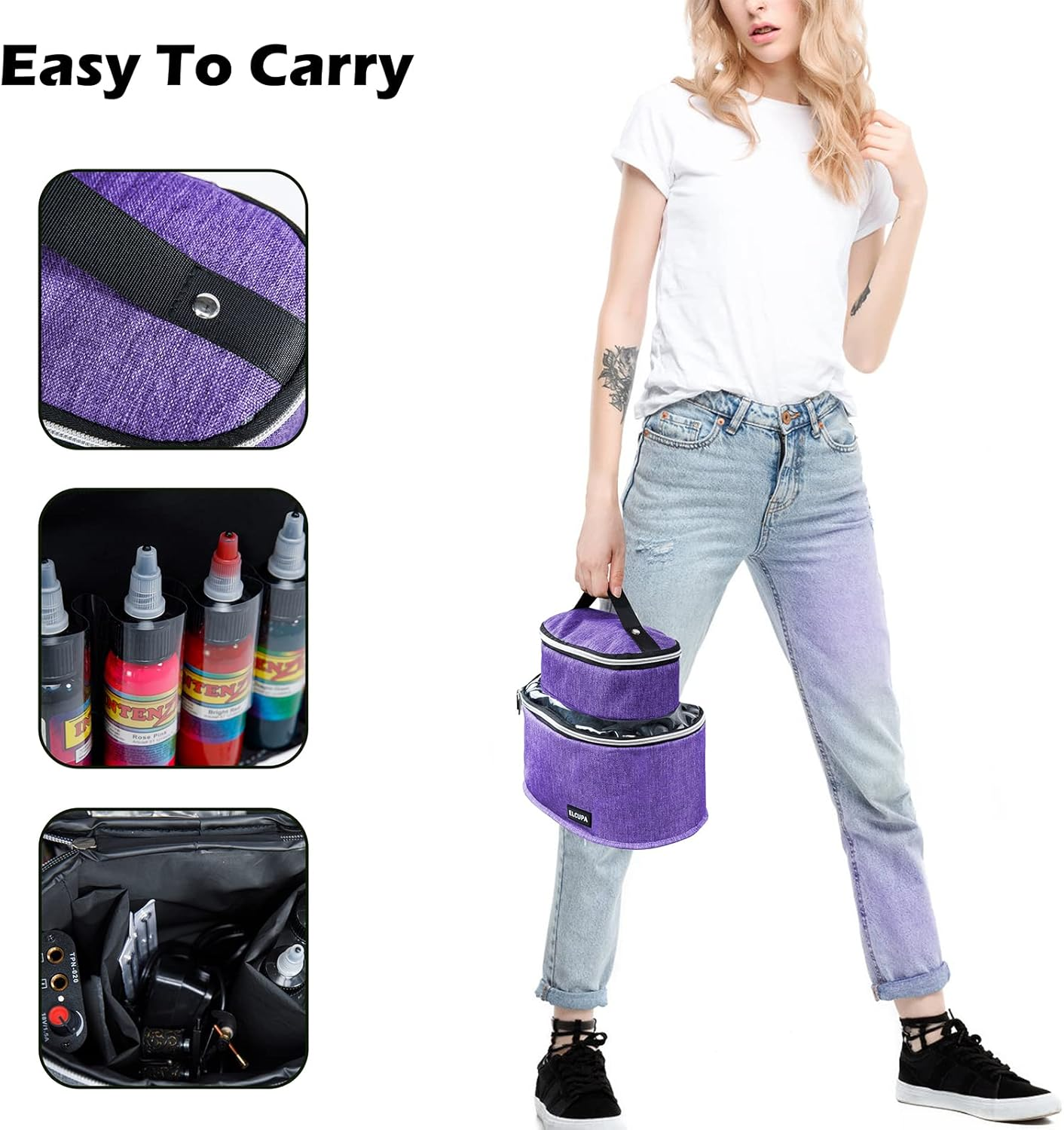 ELCUPA Tattoo Kit Carrying Case, Purple, Padded Interior, 6" Height, 8.5" Middle Compartments, Multiple Pockets, Easy Carry, Service Guarantee image number 5