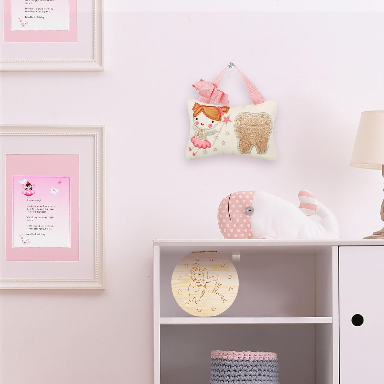 Qunclay Tooth Fairy Kits Includes 3.9 X 5.9 Inch Cute Tooth Fairy Pillow Wooden Keepsake Box Container and 20 Warm Letters(Pink,Girl Style) image number 4