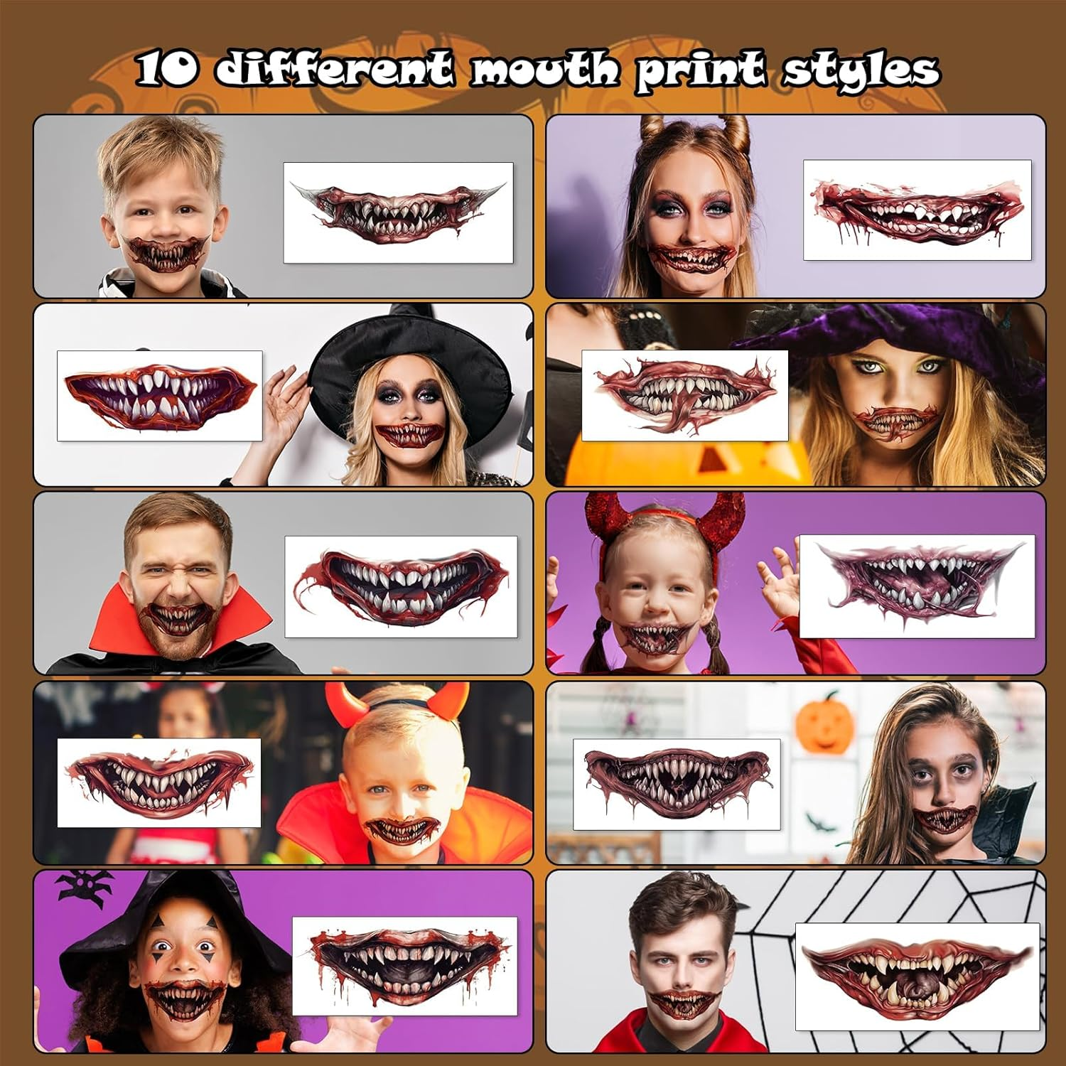 Halloween Temporary Tattoos Zombie Prank Make up Accessories, 20 Sheets Horror Big Mouth Face Tattoos Scars Wound Bloody Stickers Realistic Fake Tattoo for Adults Halloween Cosplay Face Body Art image number 4