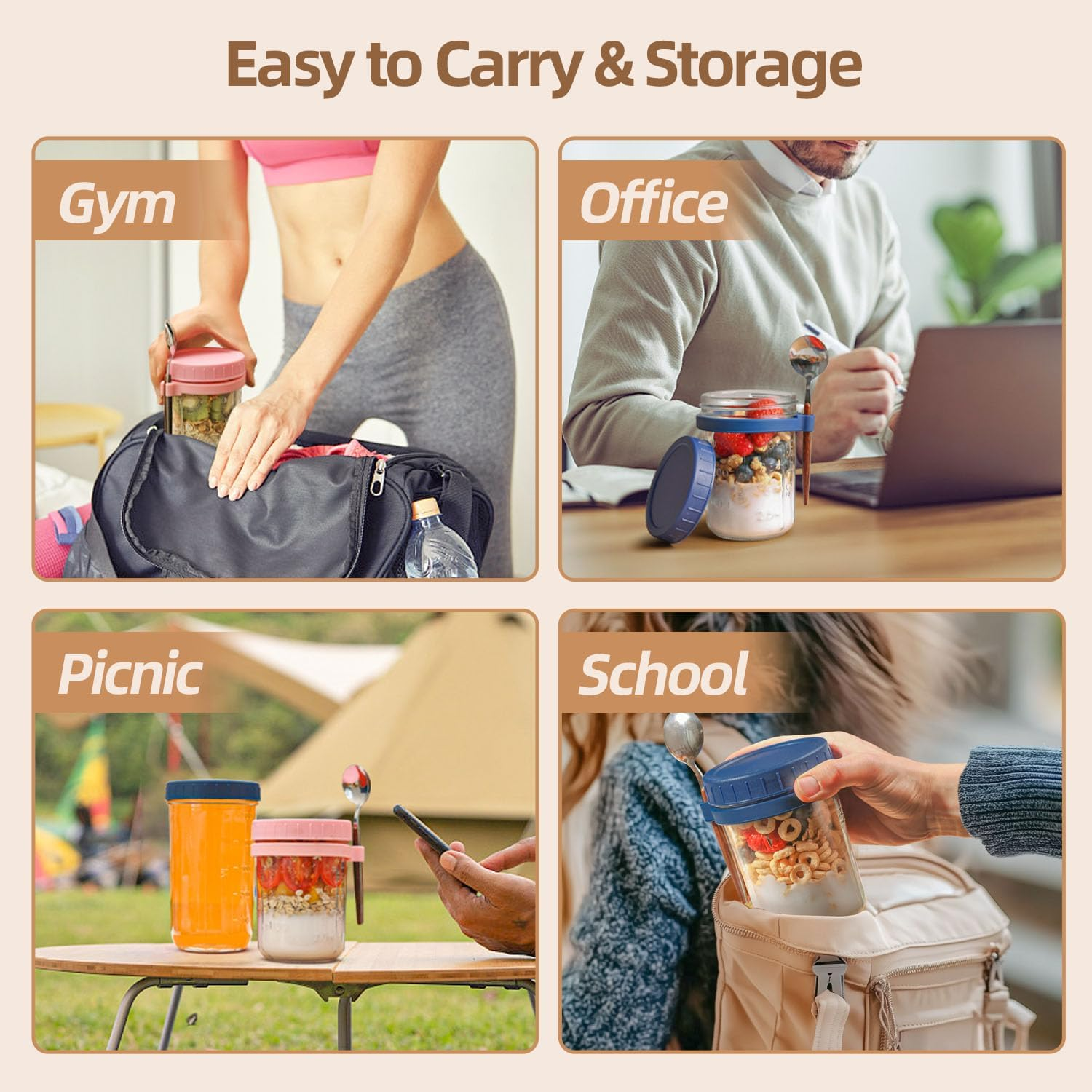 12 OZ Overnight Oats Jar Pack of 6, Airtight Glass Oatmeal Container with Spoon Overnight Oats Container with Lids for Milk, Cereal, Fruit image number 4