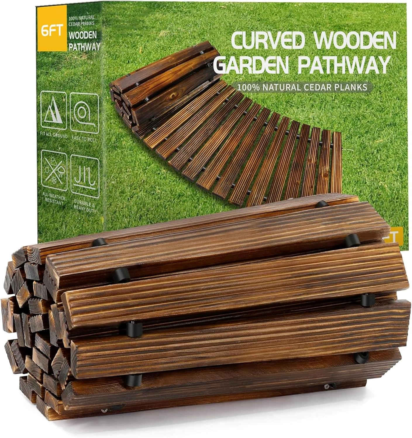 2.5M Wooden Garden Pathway, Outdoor Roll-Out Cedar Curved Walkway, Patio Path Decorative Garden Boardwalk, Weather-Resistant Roll-Up Beach Wood Road Floor, Wedding Party Pathways(Carbonizing)