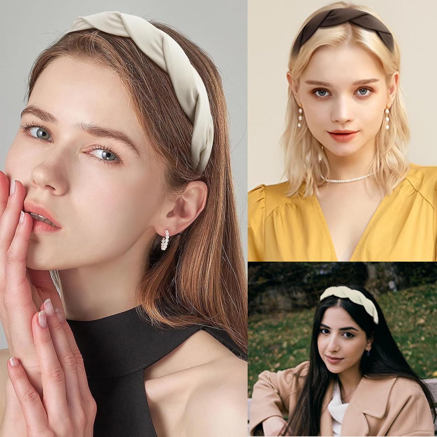 Nayyana 3 Pieces Fashion Solid Headbands for Women and Girls, Wide Braided Headband, Fabric Hair Bands with Tooth, 3Cm Non-Slip Headband Accessories, Coffee Color image number 4