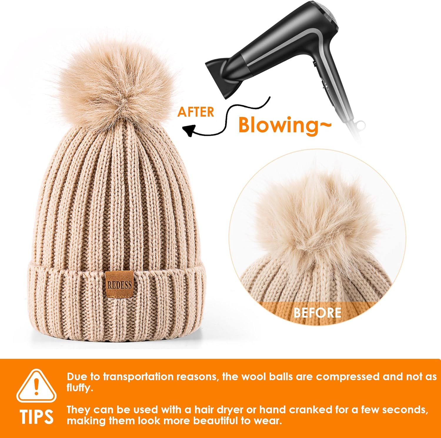 REDESS Womens Winter Knitted Beanie Hat Warm Fleece Lined with Pompom Cap Thick Slouchy Snow Knit Skull Ski Cap - Black image number 6