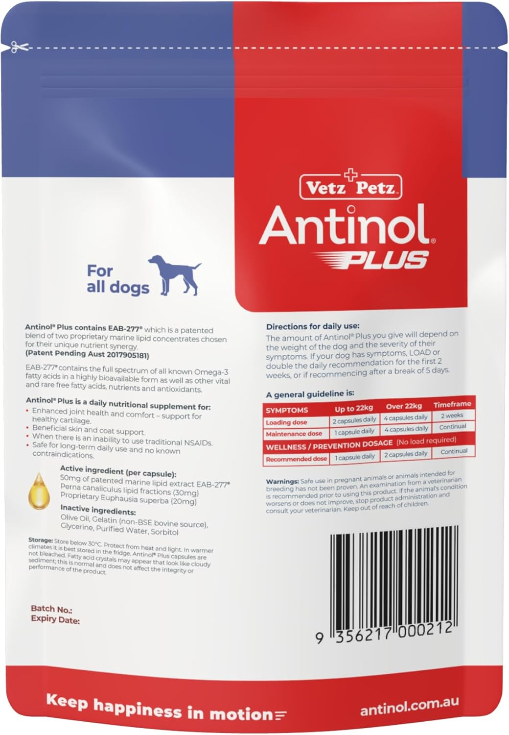 Vetz Petz Antinol plus ? Natural Joint, Skin & Coat Supplement for Dogs ? Marine Lipid Oils for Mobility & Inflammation ? No Fillers or Preservatives (60 Capsules) image number 2