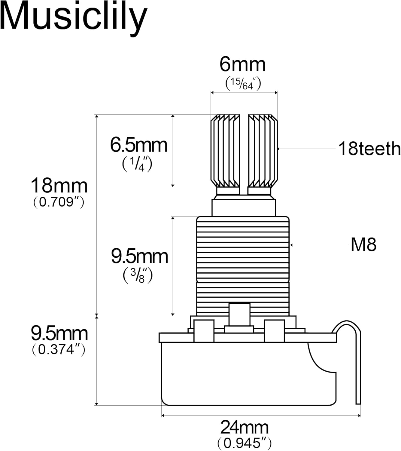 Musiclily Basic A500K Metric Mini Potentiometers Split Shaft Audio Taper Pots for Electric Guitar Bass (Set of 2) image number 3