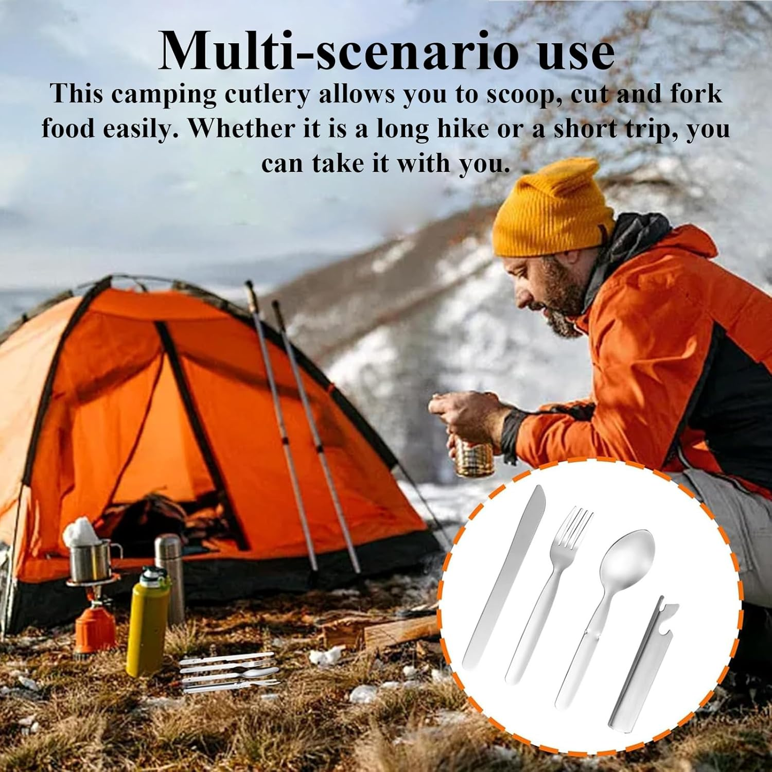 Rhoyee 4-In-1 Stainless Steel Camping Utensil Set &ndash; Portable Folding Knife, Fork, Spoon & Bottle Opener &ndash; Compact Travel Cutlery Kit for Hiking, Backpacking, Outdoor & Emergency Use image number 6