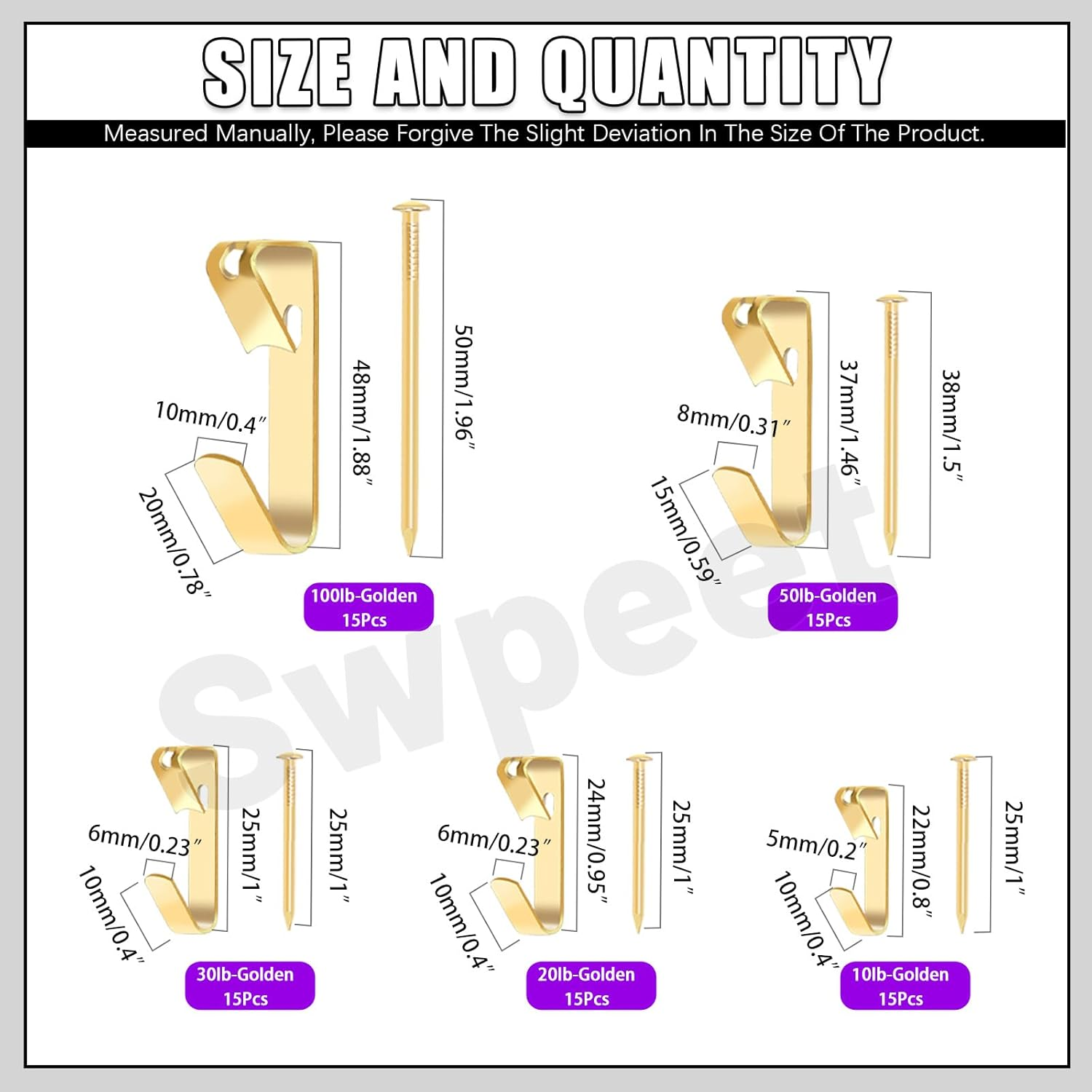 Swpeet 75Pcs 5 Sizes 10Lb/20Lb/30Lb/50Lb/100Lb Golden Picture Hangers with Nails Assortment Kit, Metal Picture Hanging Hooks, Heavy Duty Frame Picture Hooks, Picture Hanging Hardware for Drywall - Golden image number 3