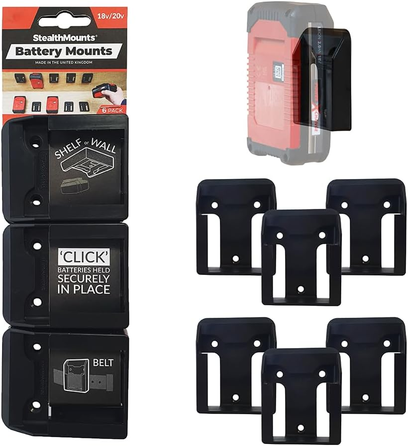 Stealthmounts Battery Holder for Einhell 18 V, Wireless Battery Holder for Einhell 18 V Power Tools, Pack of 6, Black Battery Organiser for Einhell 18 V image number 1