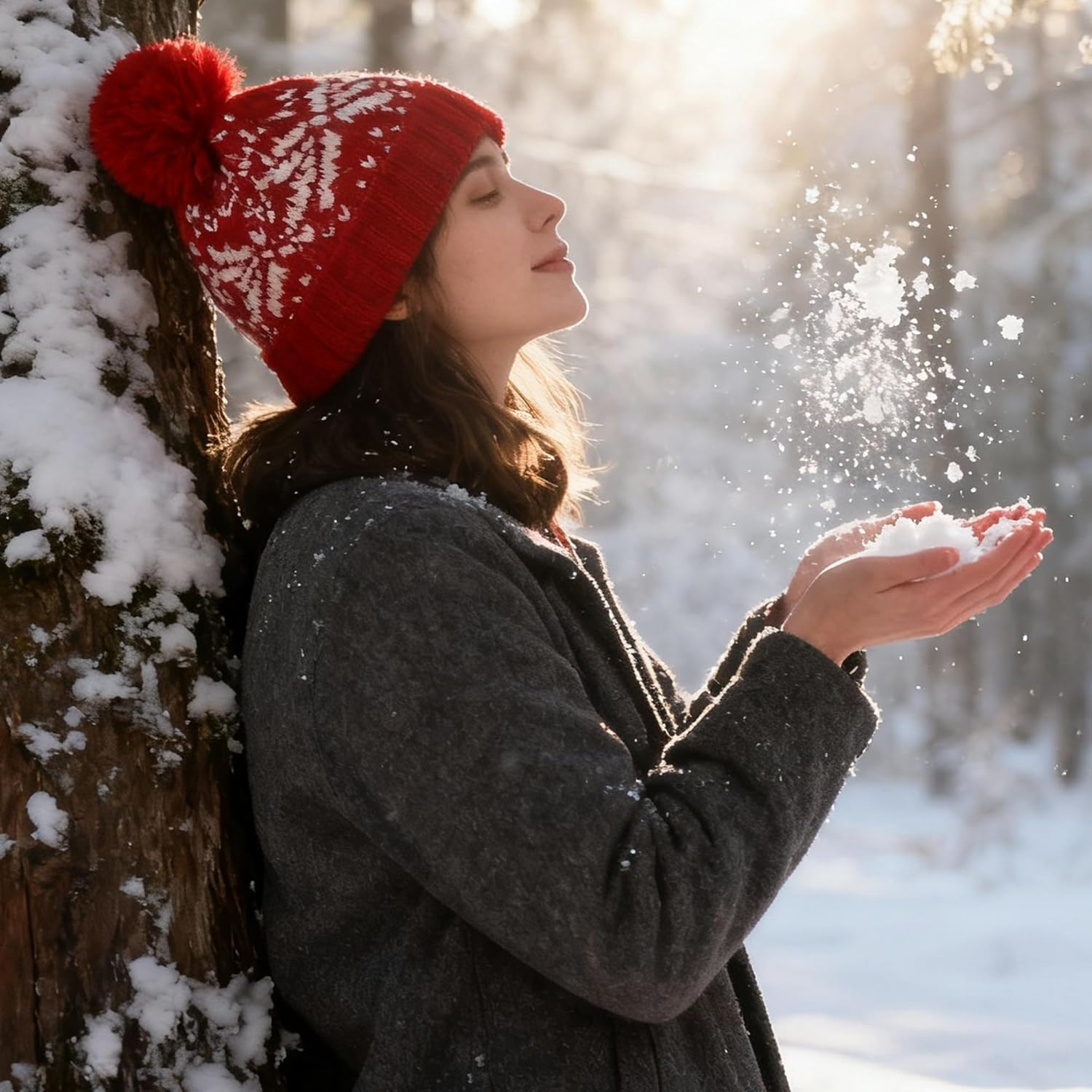 IZUS Christmas Snowflake Beanie-With-Pom-Poms for Women and Men - Red image number 2