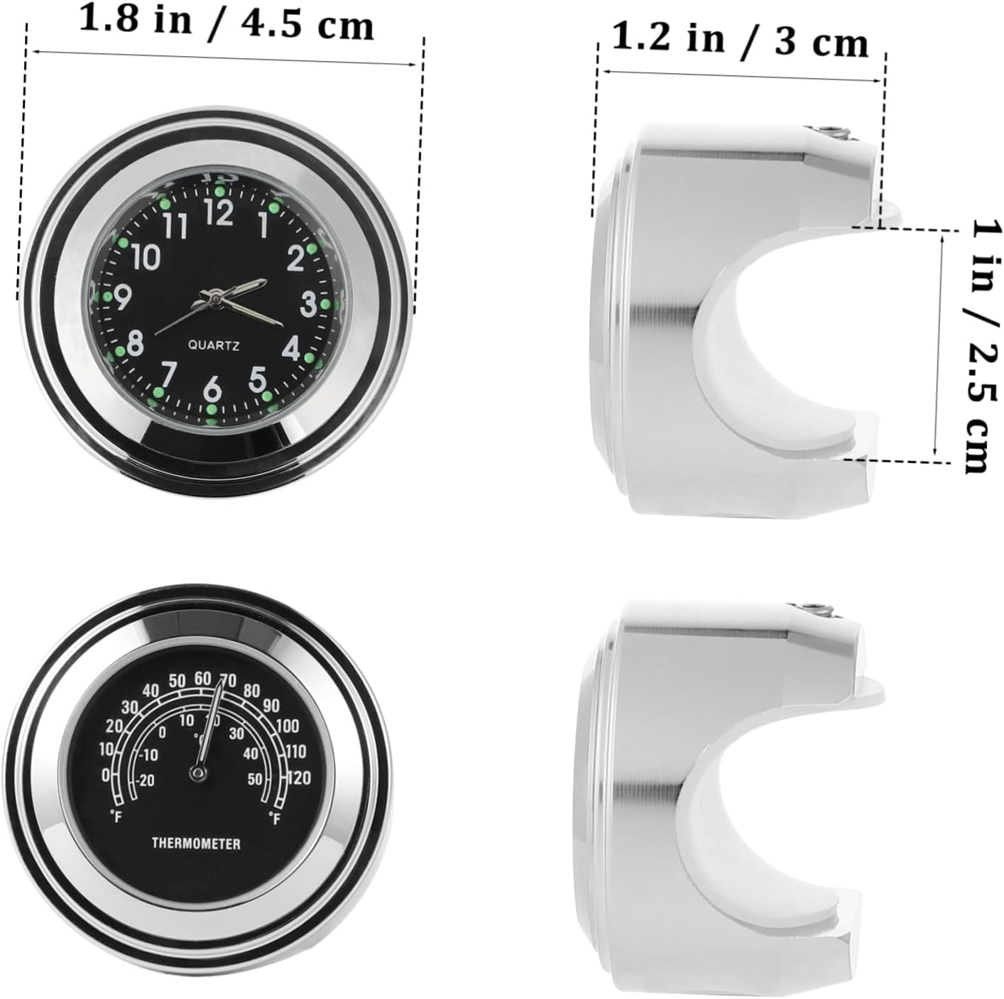 BESPORTBLE 2Pcs Motorcycle Handlebar Clock Thermometer Waterproof 22-25Mm Practical Dial Handlebar Mount Motorbike Accessories image number 3