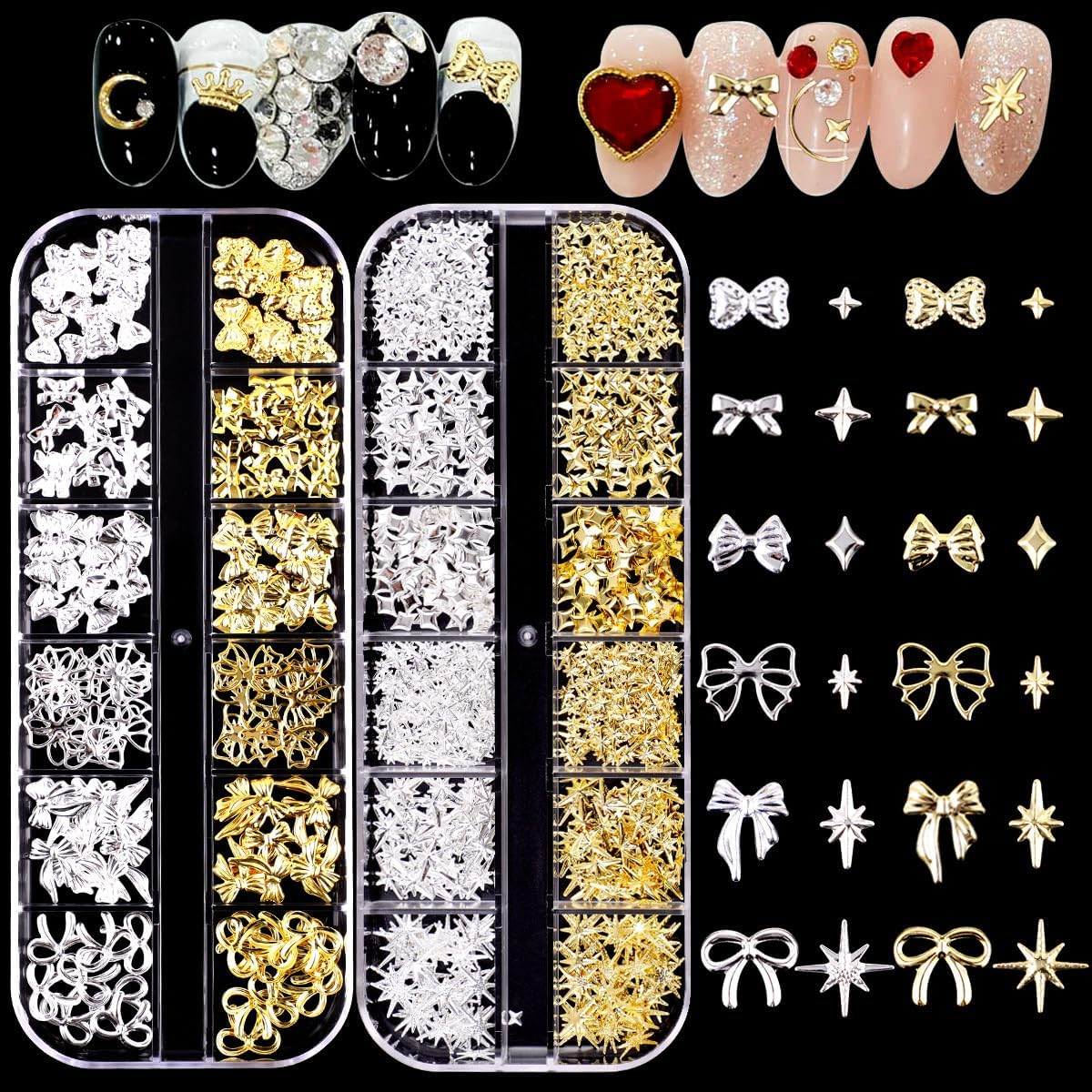 Limcryspp 2-Pack 3D Nail Accessory Set - Gold and Silver Bow, Star Rivet Metal Nail Decoration, Suitable for Nail Plates, Fashionable Nail Design Accessories image number 5