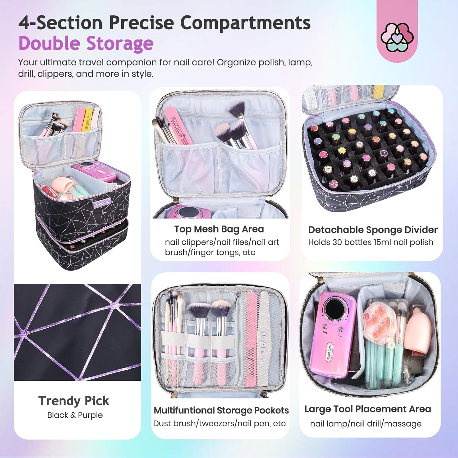 SAVILAND Nail Polish Organizer: All-In-One Nail Organizers and Storage Holds 30 Bottles Nail Polish Organizer Case Travel PU Leather Double-Layer Nail Supplies Organizer for Nail Tech Manicure Tools image number 4