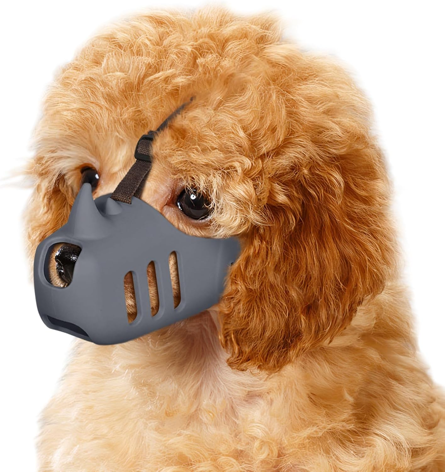LUCKYPAW Dog Muzzle, Soft Muzzle for Small Medium Dogs Poodle Dachshund, Breathable Silicone Cage Mouth Cover to Prevent Biting and Chewing, Funny Rhino Shaped Muzzle with Adjustable Head Strap