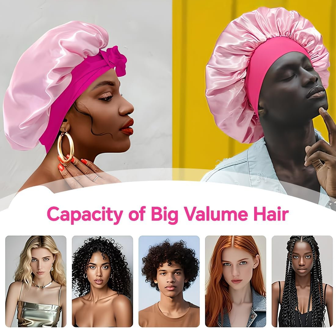 GGUFAY Double Sided Satin Hair Cap with Adjustable Tie Strap + Scrunchie Set, Hair Protection for Curls, Silk Bonnet for Sleeping, Gift for Women and Girls, Pink/Rose Red image number 2