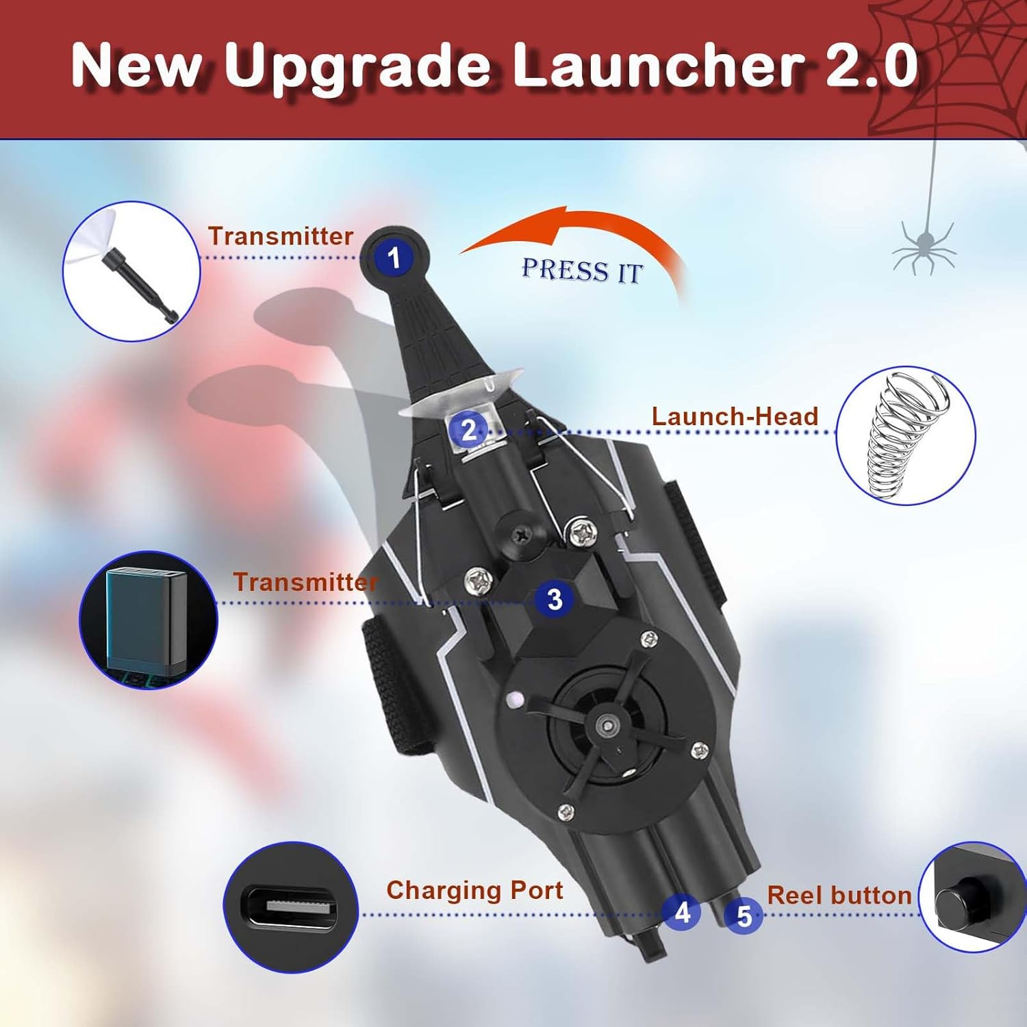 Spider Web Shooter Toy Upgrade - USB Rechargeable Web Launcher with Real Silk, Suction Cup Matching Glove 9.8-Foot Range - Cool Gadgets for Superhero Role-Play, Fun Men, Teens, Kids Cosplay image number 2