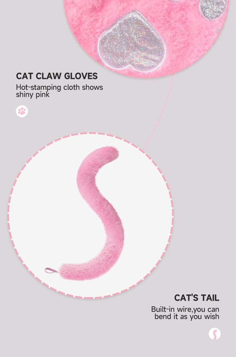 Cat Ears and Wolf Fox Animal Tail Cosplay Costume, Cat Costume Accessories Set, Cats Ear Headbands Tail Cats Paw Glove Bowknots Kids Halloween Animal Cosplays Accessories, Pink image number 4