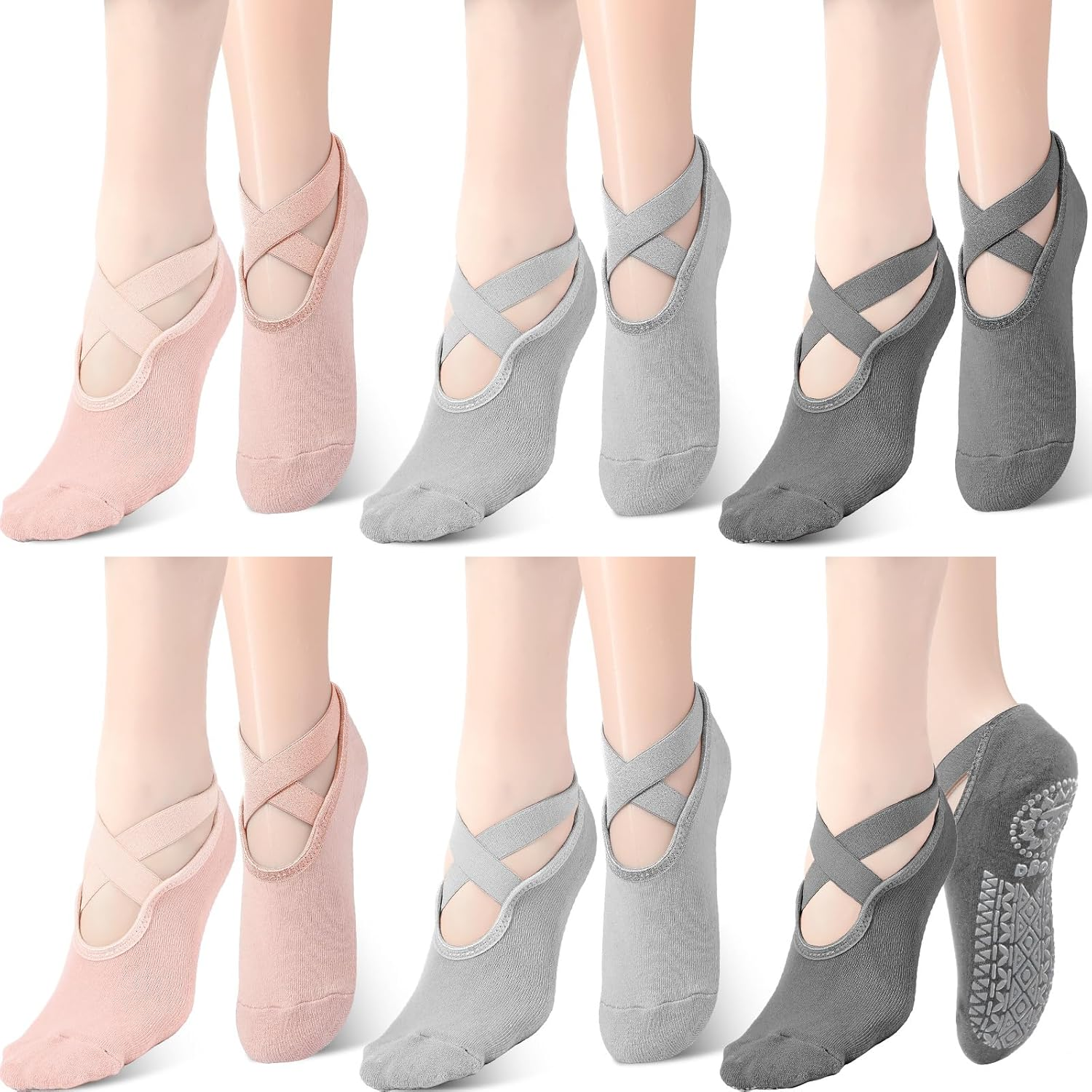 Geyoga 6 Pairs Yoga Socks for Women Nonslip Barre Socks with Straps Ballet Dance Socks for Yoga Pilates Ballet Barre Dance