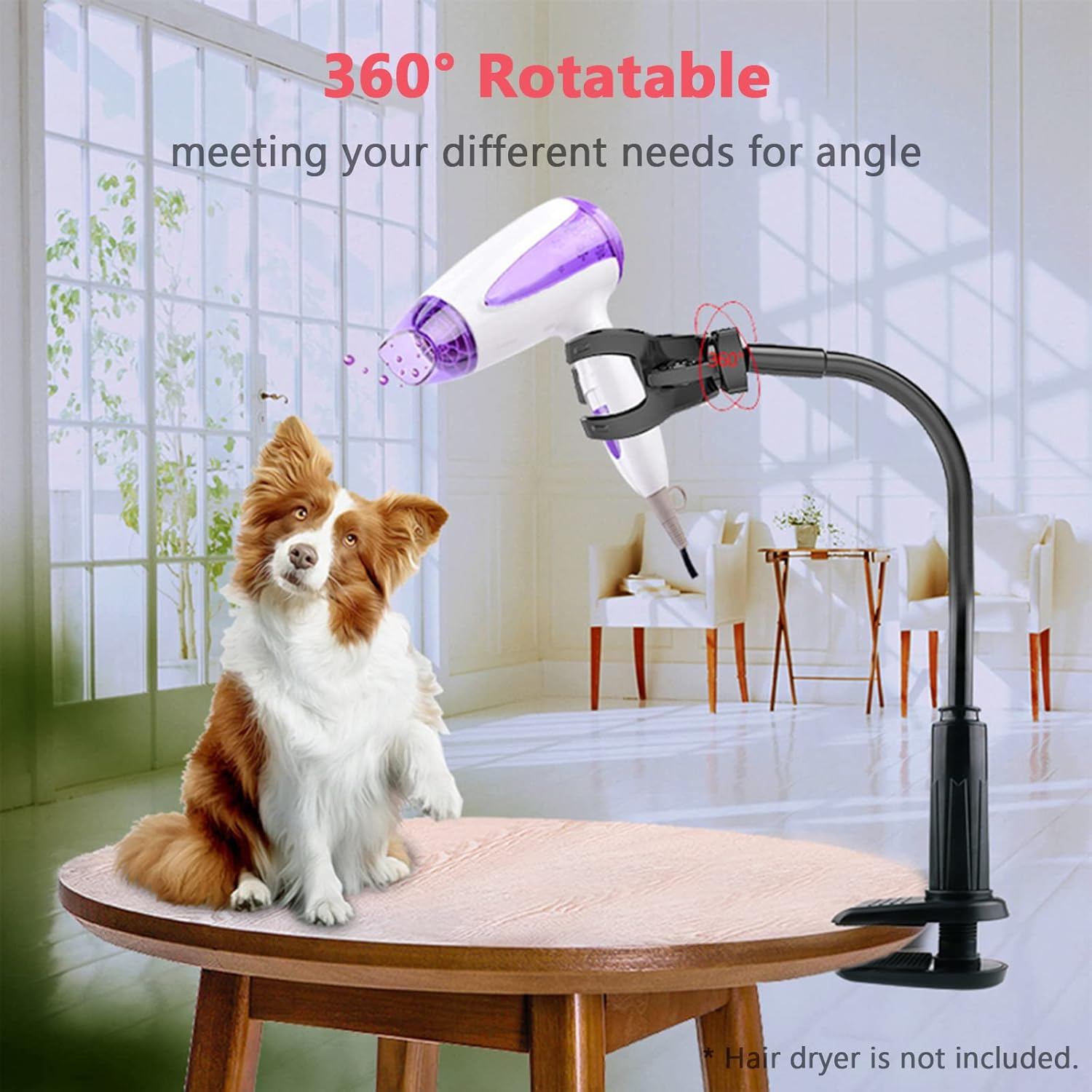 RCKEY Alloy Hair Dryer Stand 360 Degree Rotating Hands Free Hair Dryer Stand with Clamp Blow Dryer Holder Adjustable Height Hair Dryer Holder image number 2