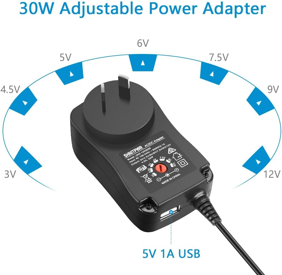 SHNITPWR 30W Universal Power Supply 3V 4.5V 5V 6V 7.5V 9V 12V Adjustable Variable AC/DC Adapter with 5V 2.1A USB Port, 100V-240V AC to DC 3V~12V Converter 3A 2.5A 2A 1.5A 1A Max with 14 Tips image number 2
