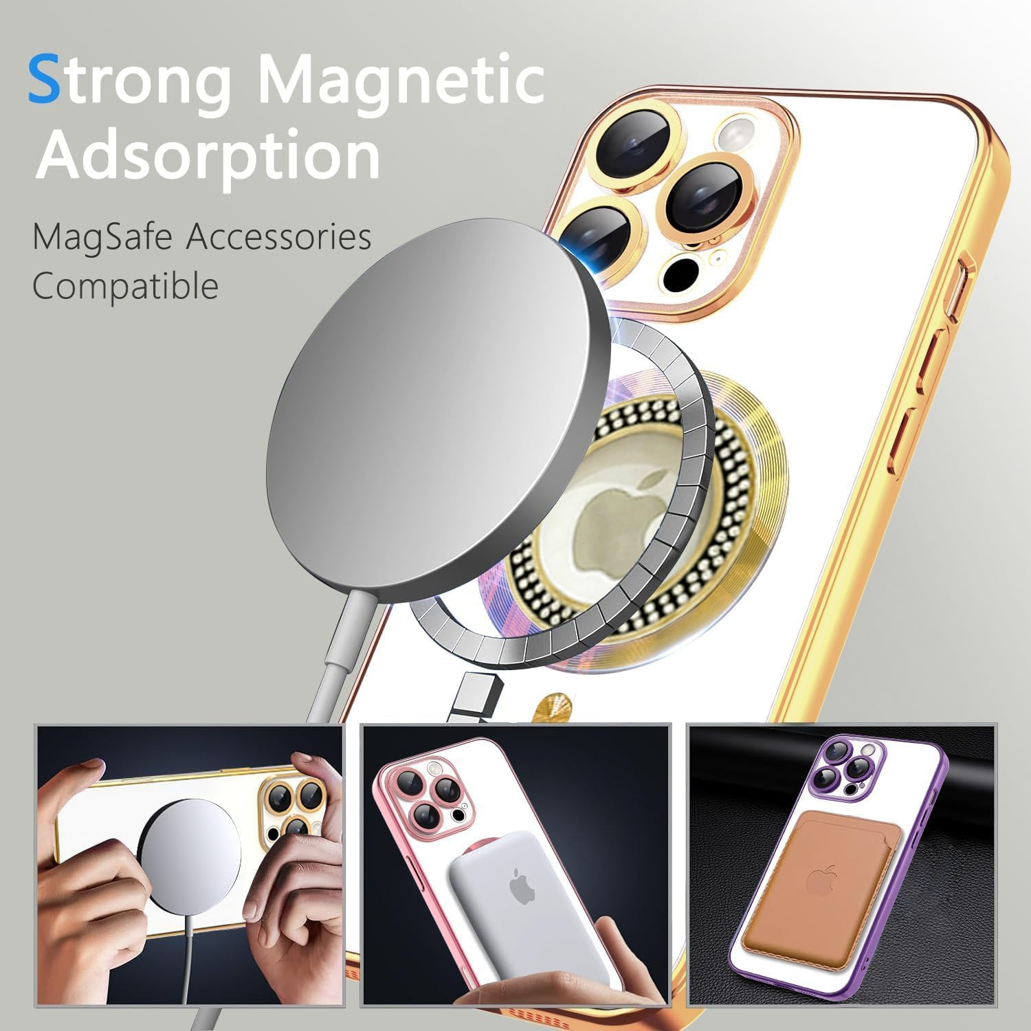 AMITOME Glitter Phone Case for Iphone 15 Pro Max 6.7 Inch,Diamond Wrapped Magnetic Suction Case,Luxury Plating Bling Shockproof Rugged Protective Cover for Women Girl Men - Gold image number 2